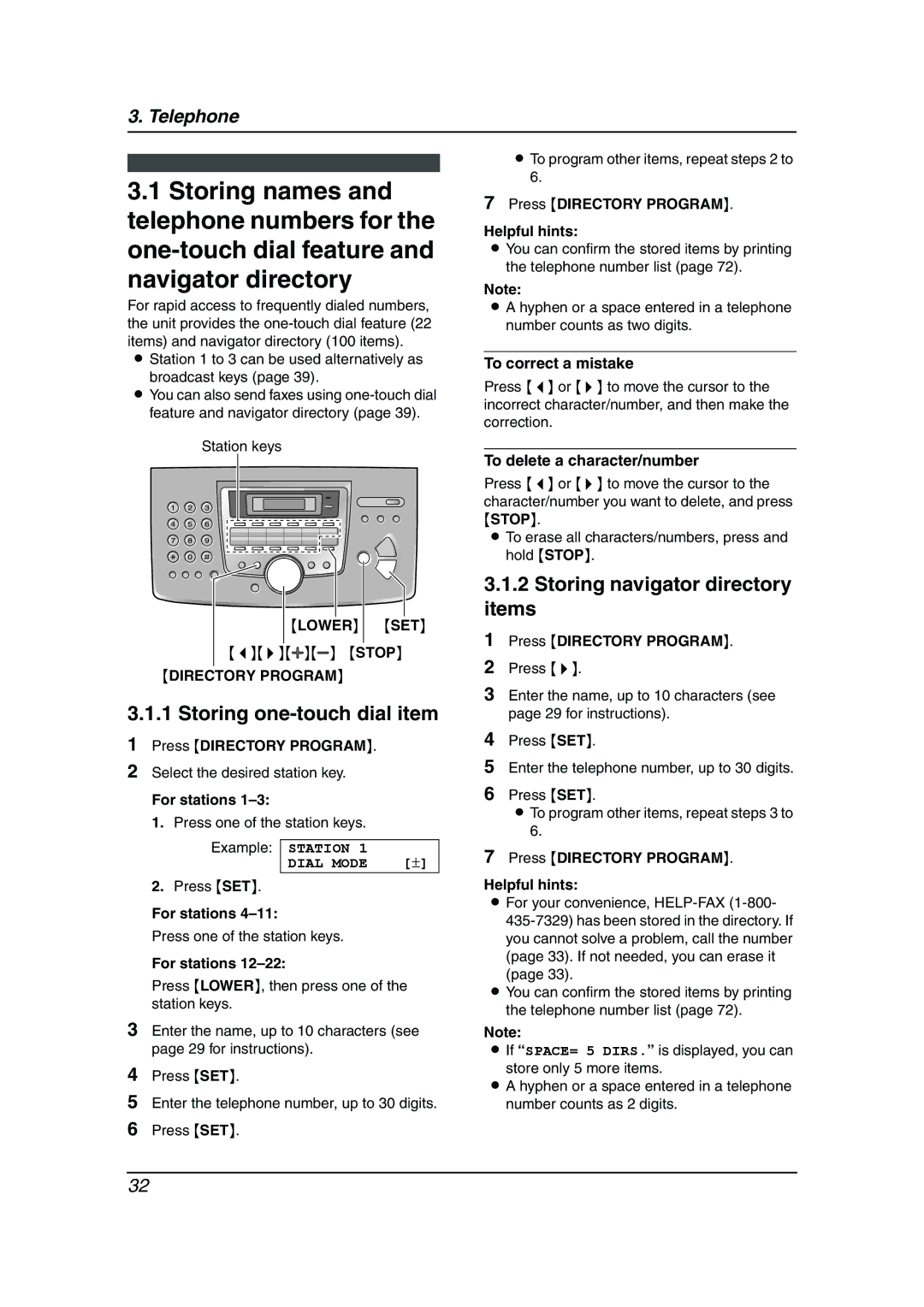 Panasonic KX-FL611 manual Storing navigator directory items, Storing one-touch dial item, Lower SET 