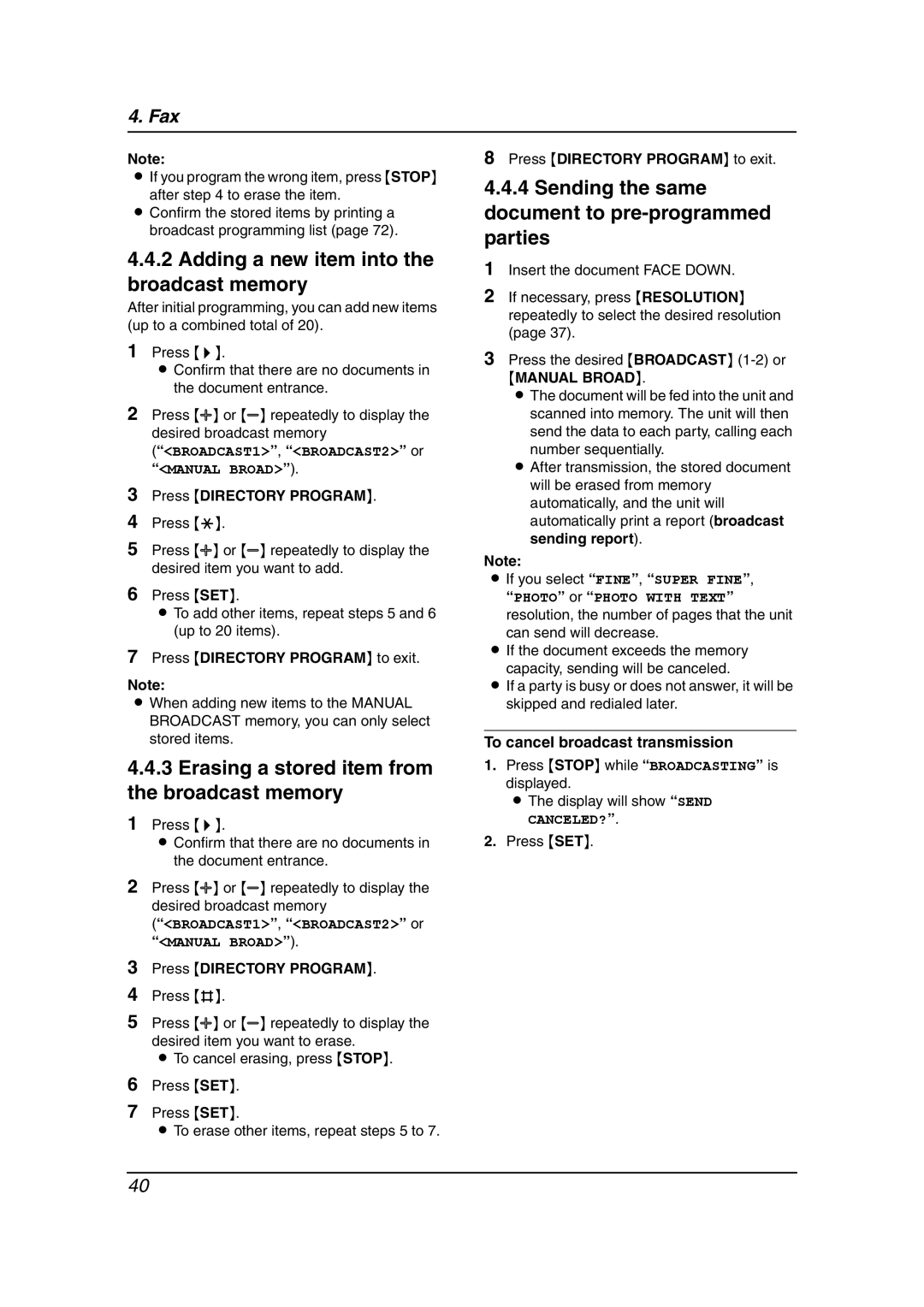 Panasonic KX-FL611 manual Erasing a stored item from the broadcast memory, Press Directory Program to exit, Manual Broad 