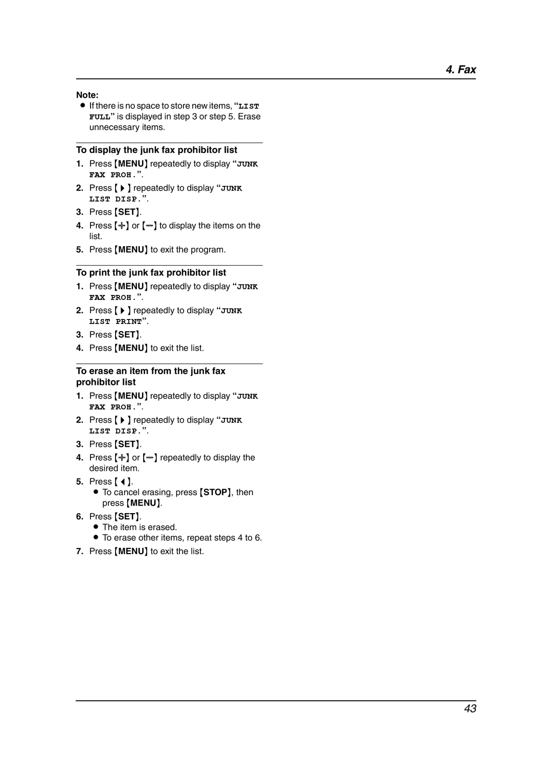 Panasonic KX-FL611 manual To display the junk fax prohibitor list, To print the junk fax prohibitor list 