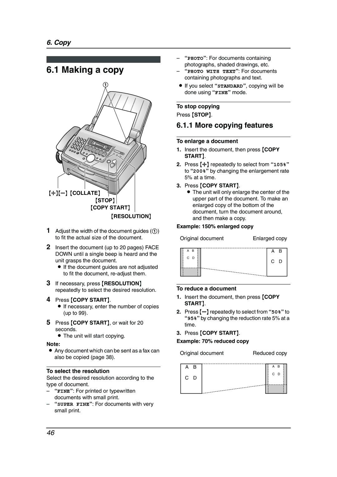 Panasonic KX-FL611 manual Making a copy, More copying features, Copy Start Resolution 