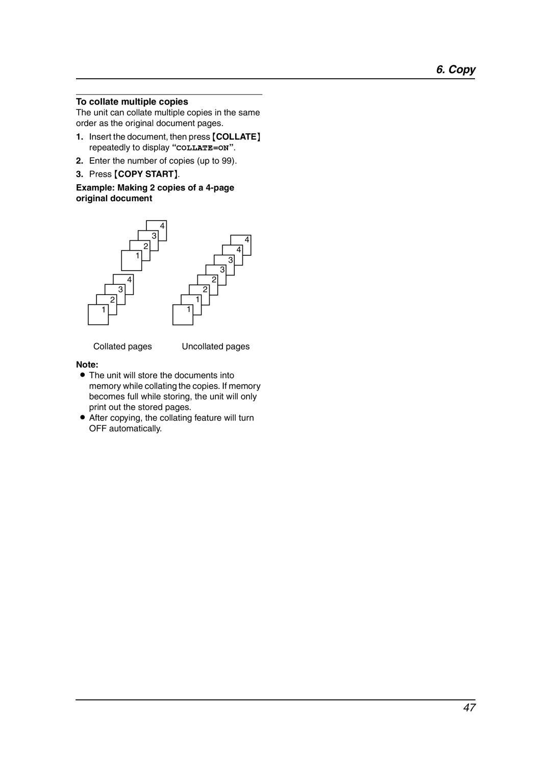 Panasonic KX-FL611 manual To collate multiple copies, Collated pages Uncollated pages 