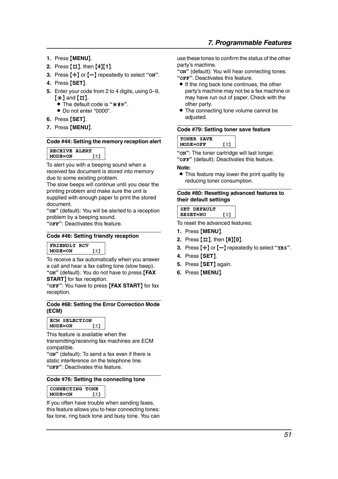 Panasonic KX-FL611 manual Code #44 Setting the memory reception alert, Code #46 Setting friendly reception 