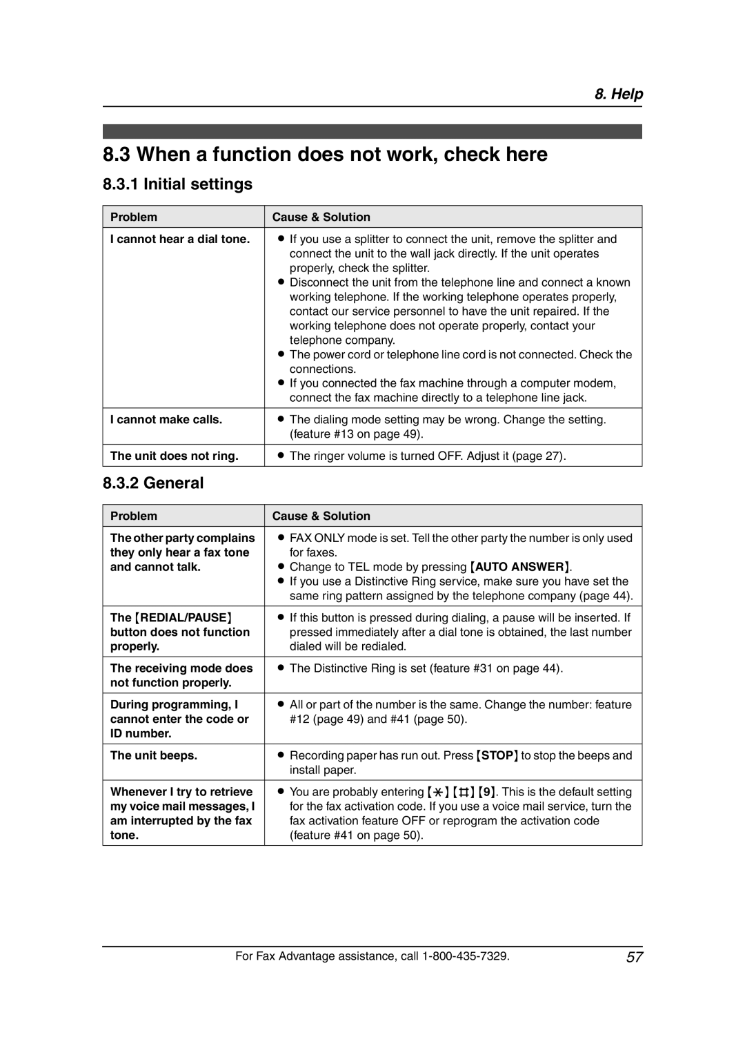 Panasonic KX-FL611 manual When a function does not work, check here, Initial settings, General 