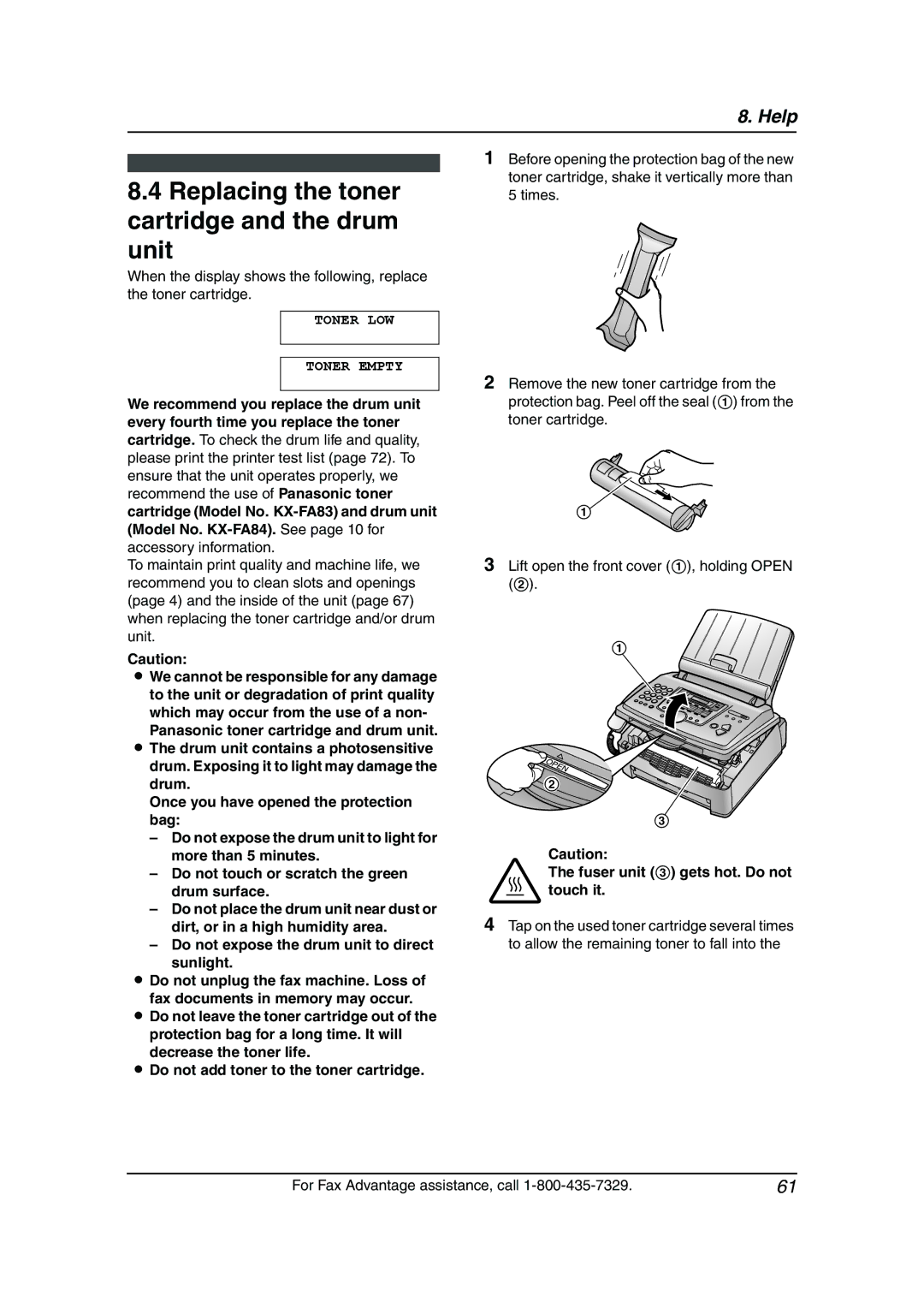 Panasonic KX-FL611 manual Replacing the toner cartridge and the drum unit, Toner LOW Toner Empty 