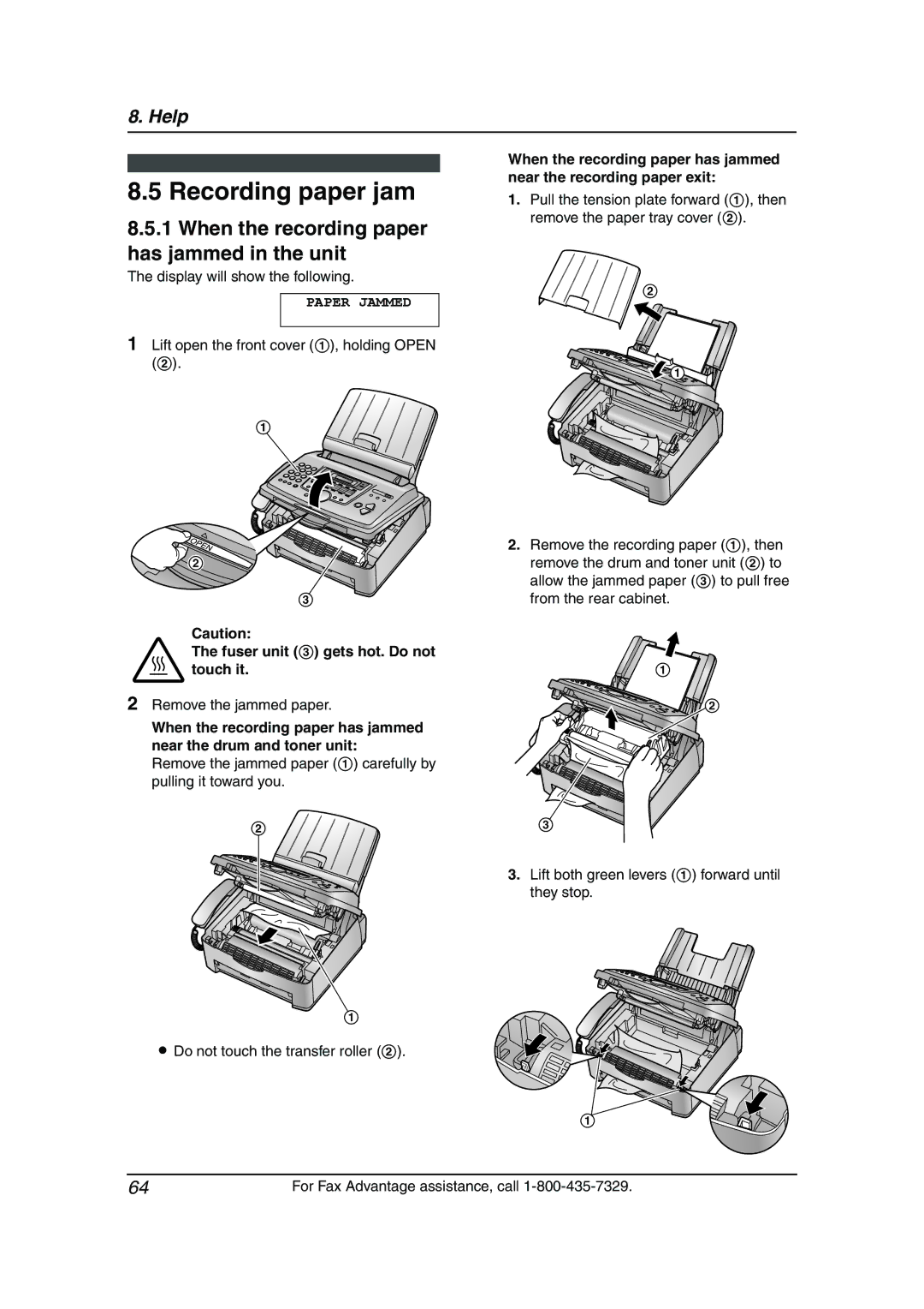 Panasonic KX-FL611 manual Recording paper jam, When the recording paper has jammed in the unit 