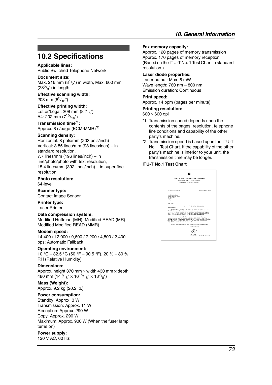 Panasonic KX-FL611 manual Specifications 