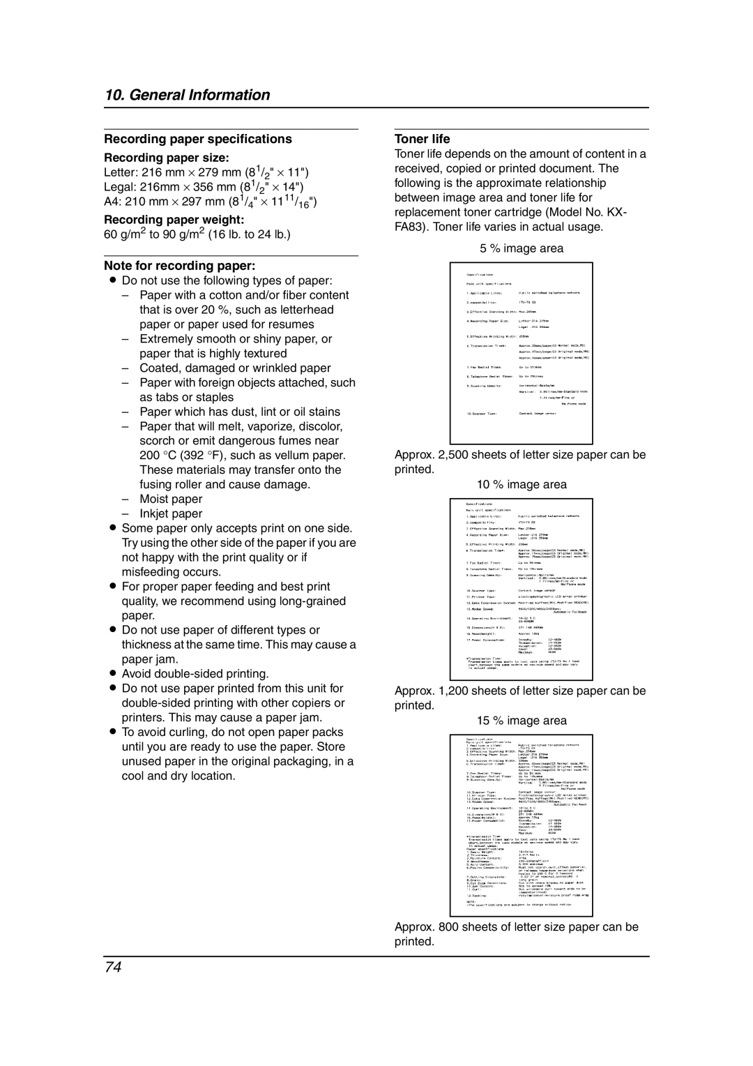 Panasonic KX-FL611 manual Recording paper specifications Recording paper size, Recording paper weight, Toner life 