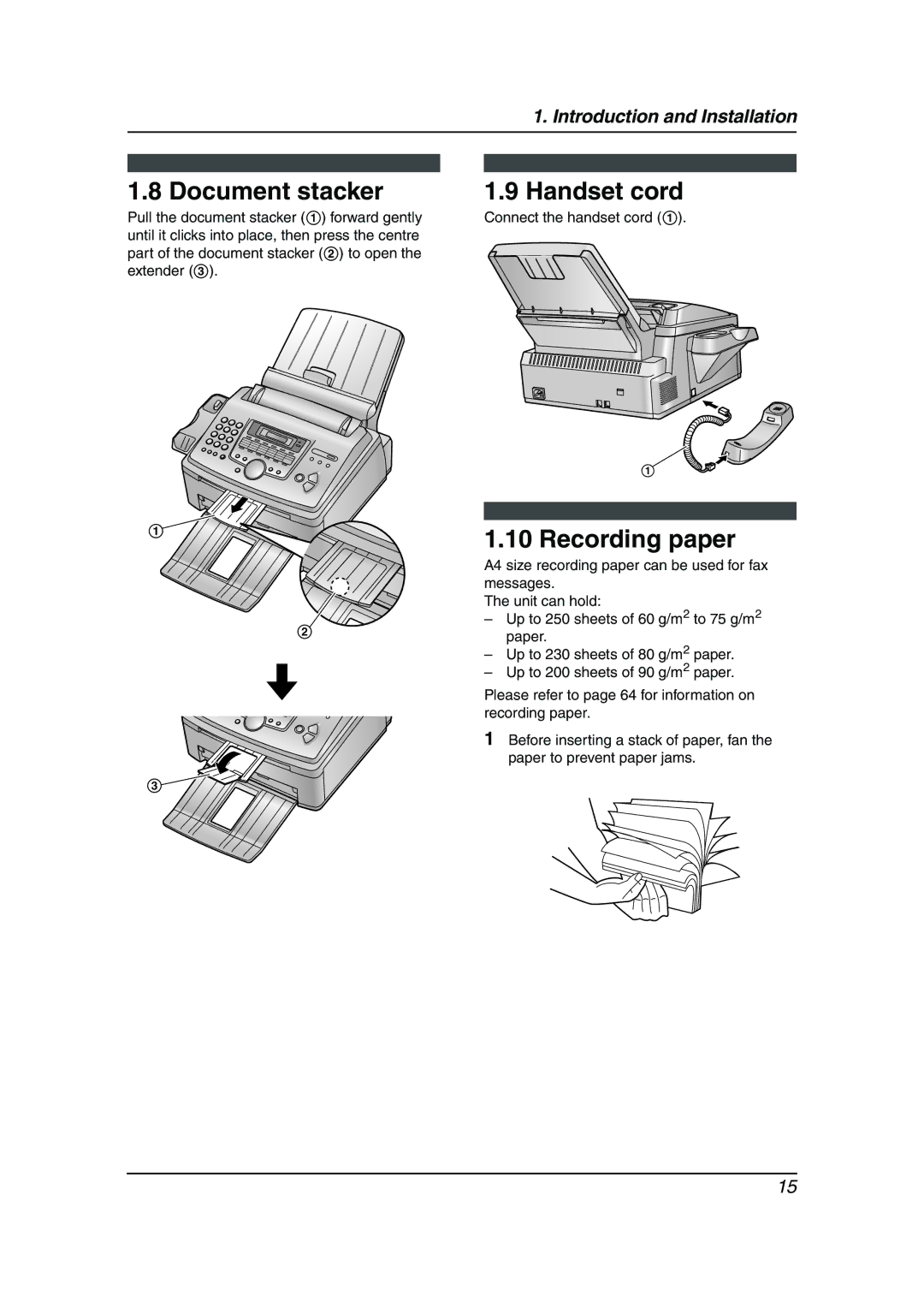 Panasonic KX-FL611AL manual Document stacker Handset cord, Recording paper 