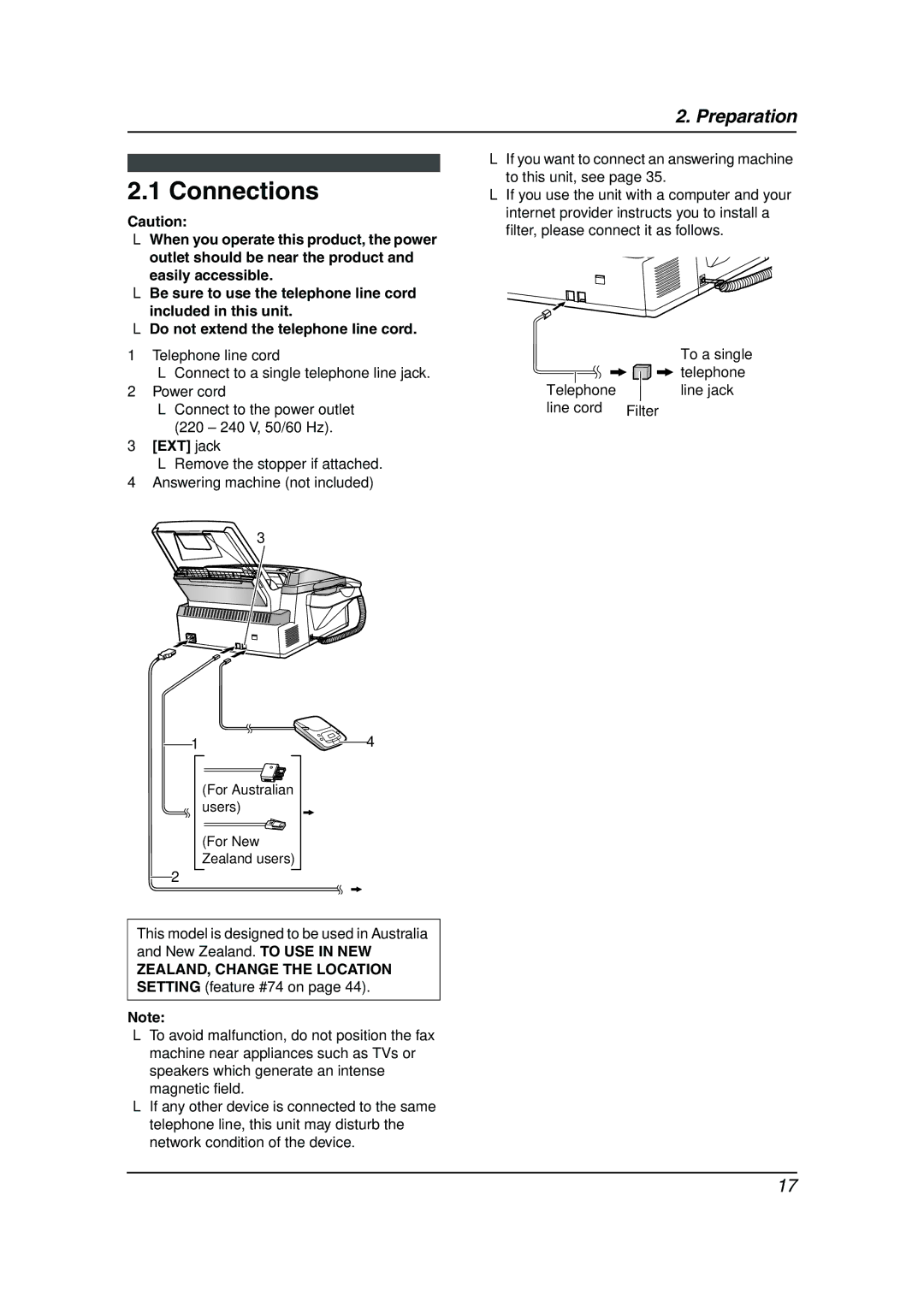 Panasonic KX-FL611AL manual Connections, EXT jack, ZEALAND, Change the Location Setting feature #74 on 