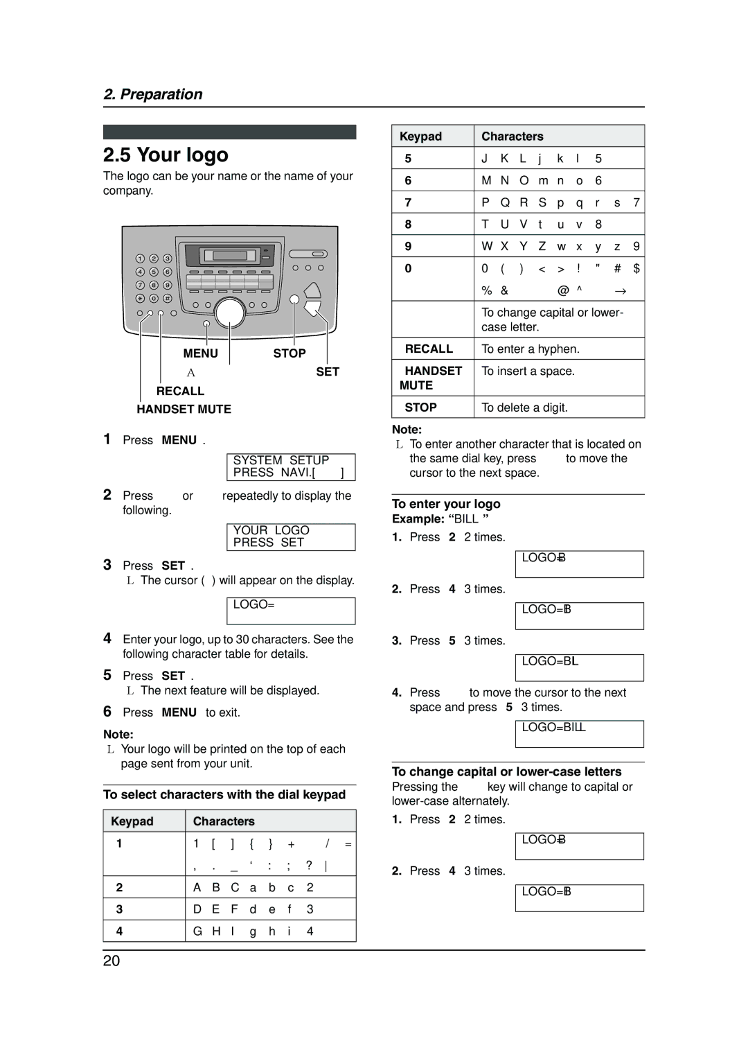 Panasonic KX-FL611AL manual Your logo, Menu Stop, To select characters with the dial keypad Keypad Characters 