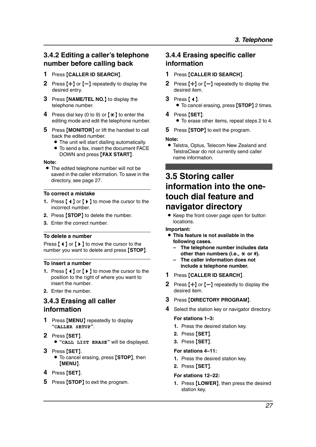 Panasonic KX-FL611AL manual Editing a caller’s telephone number before calling back, Erasing all caller information 