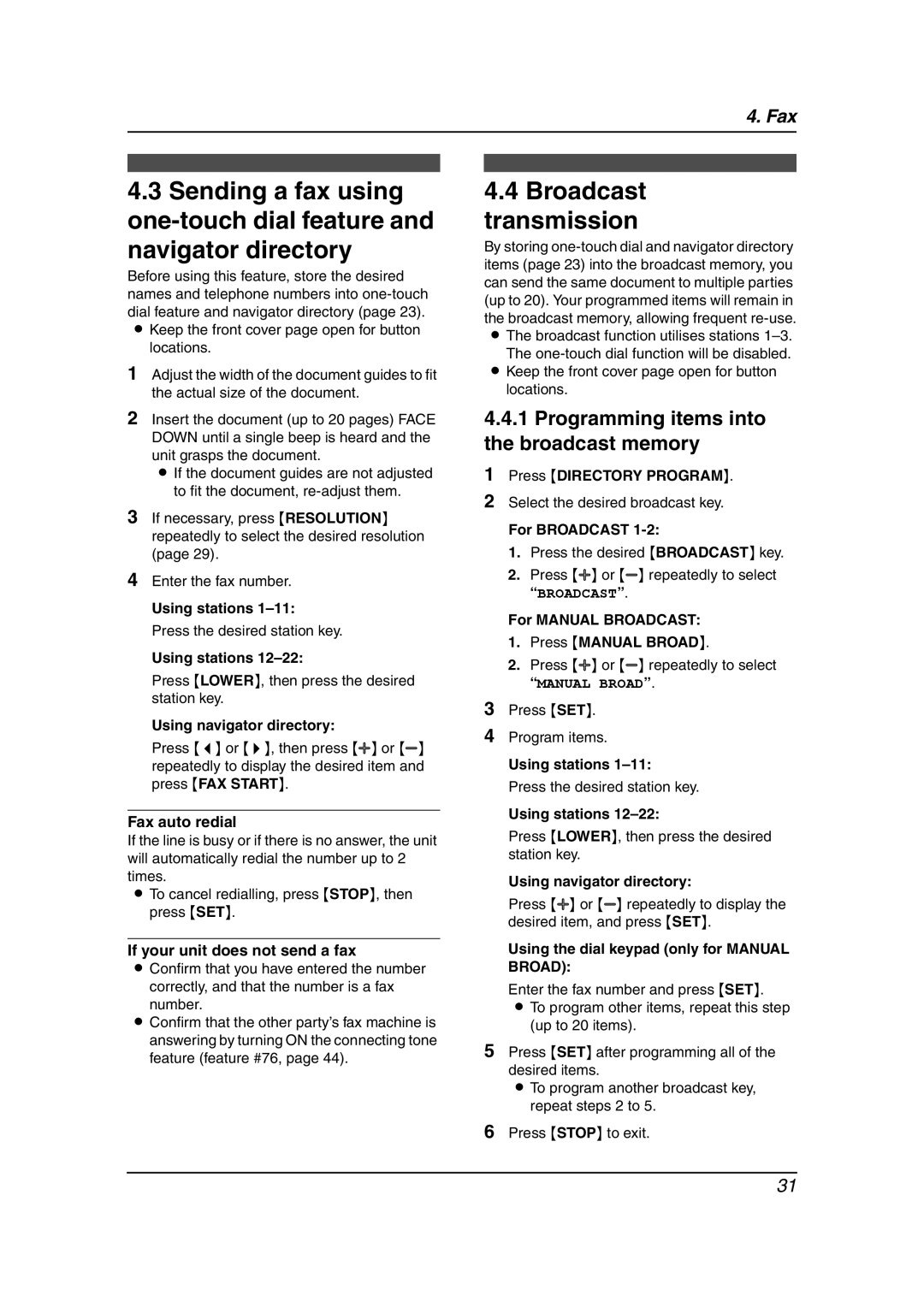 Panasonic KX-FL611AL manual Broadcast transmission, Programming items into the broadcast memory 