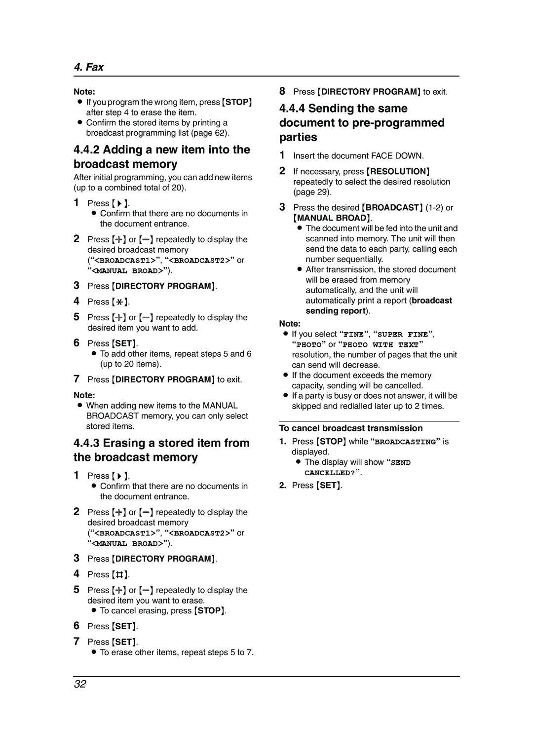 Panasonic KX-FL611AL manual Erasing a stored item from the broadcast memory, Press Directory Program to exit 