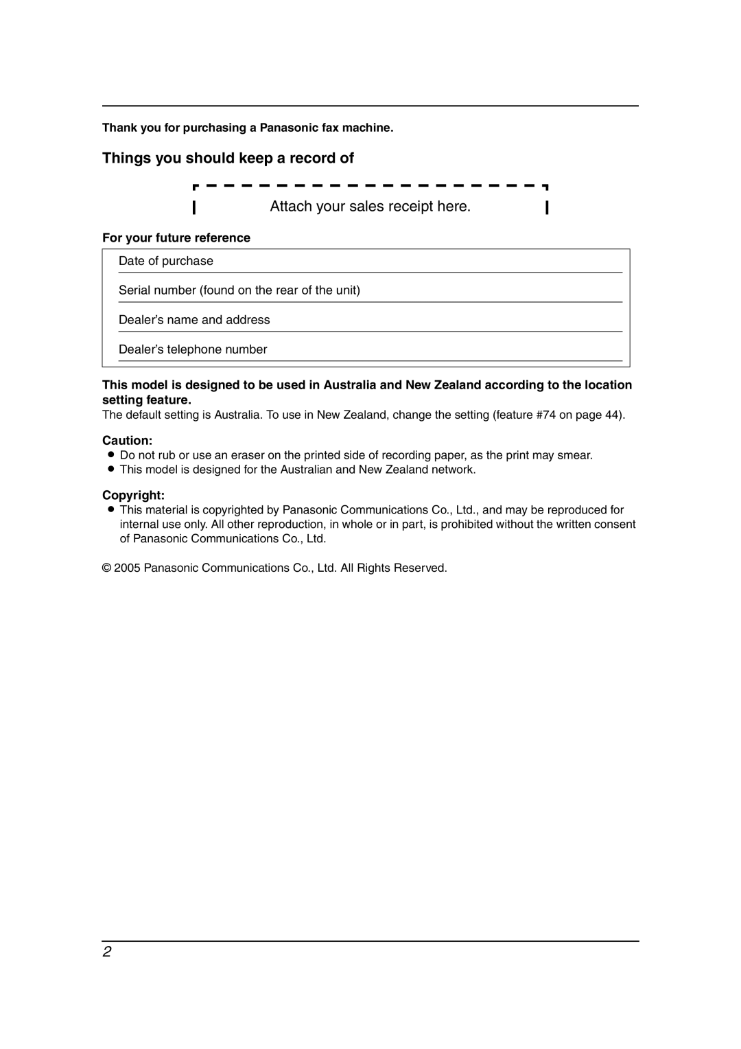 Panasonic KX-FL611AL manual Thank you for purchasing a Panasonic fax machine, For your future reference, Copyright 