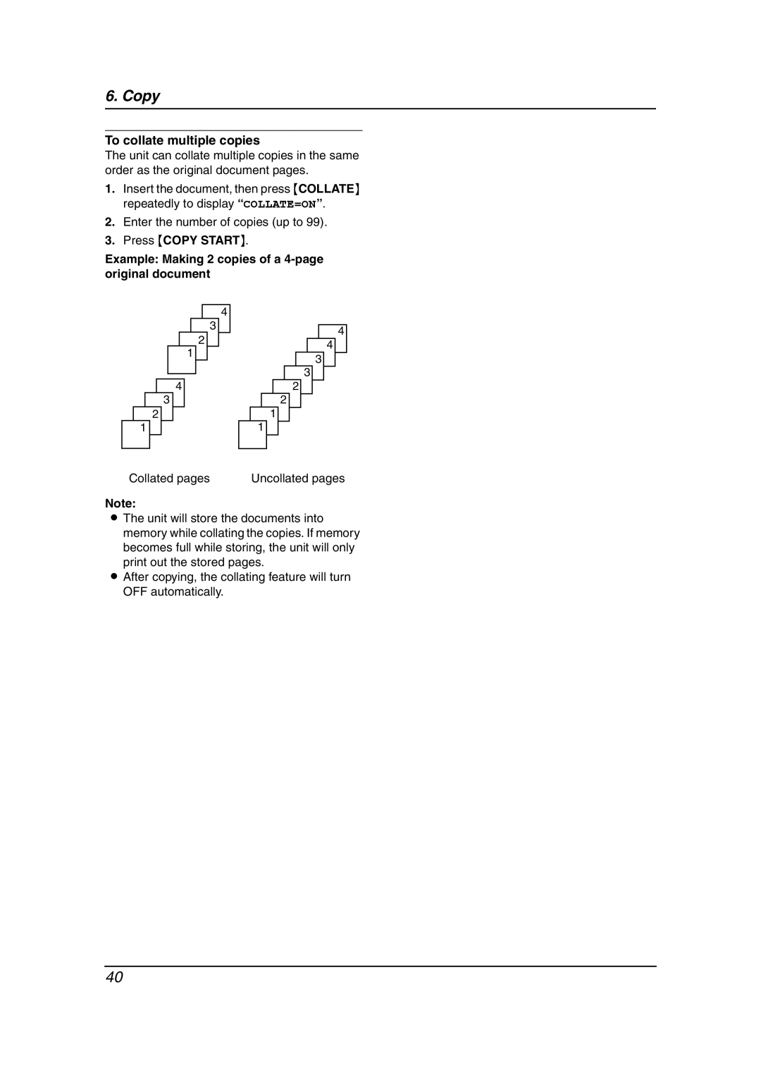 Panasonic KX-FL611AL manual To collate multiple copies, Collated pages Uncollated pages 