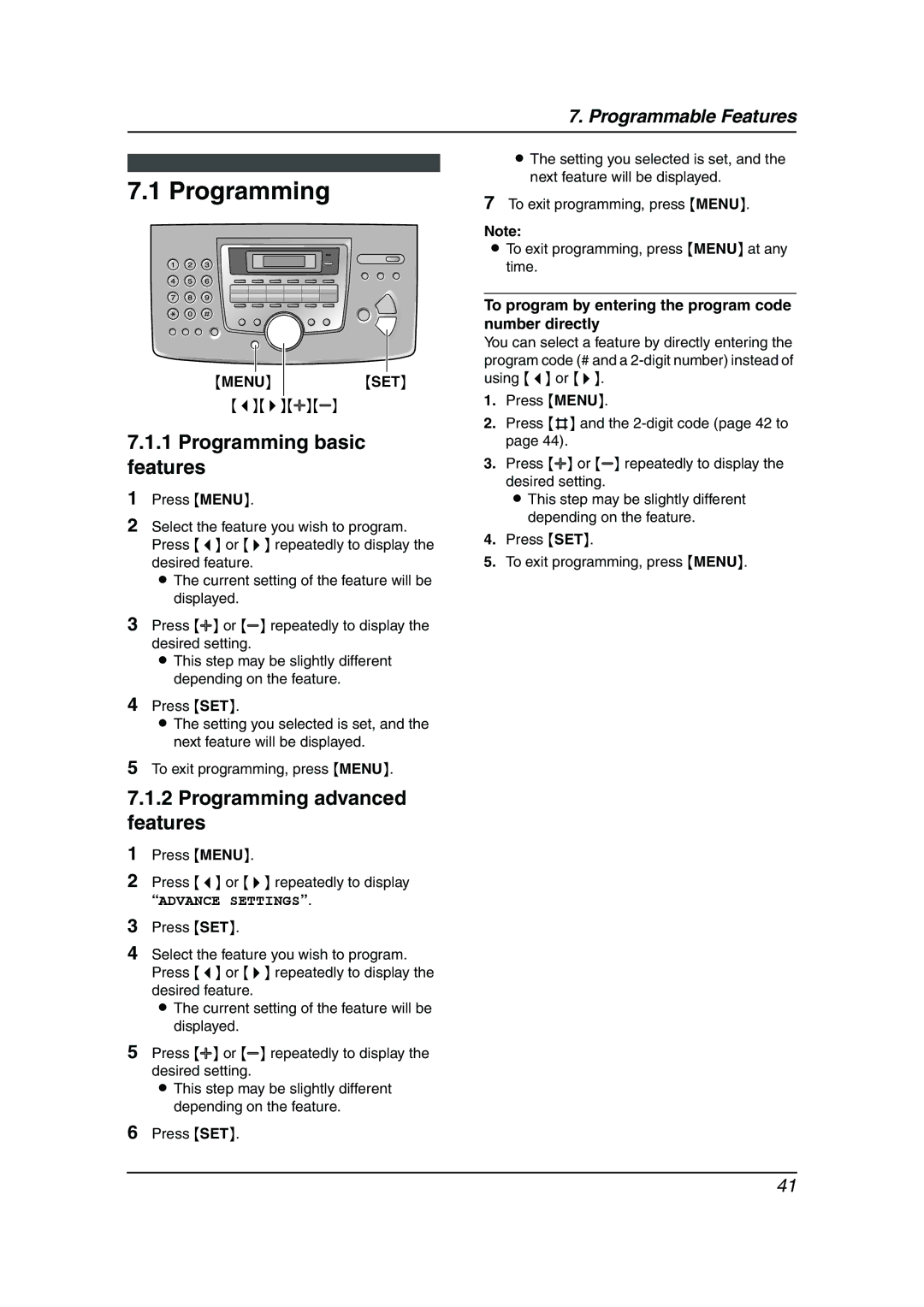 Panasonic KX-FL611AL manual Programming basic features, Programming advanced features, Advance Settings 