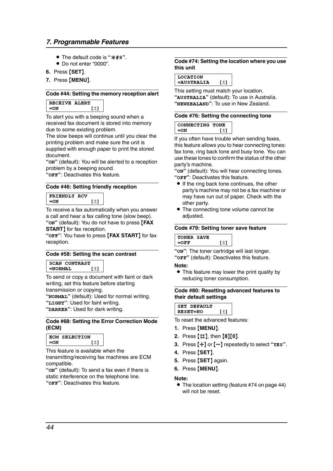 Panasonic KX-FL611AL manual Code #44 Setting the memory reception alert, Code #46 Setting friendly reception 