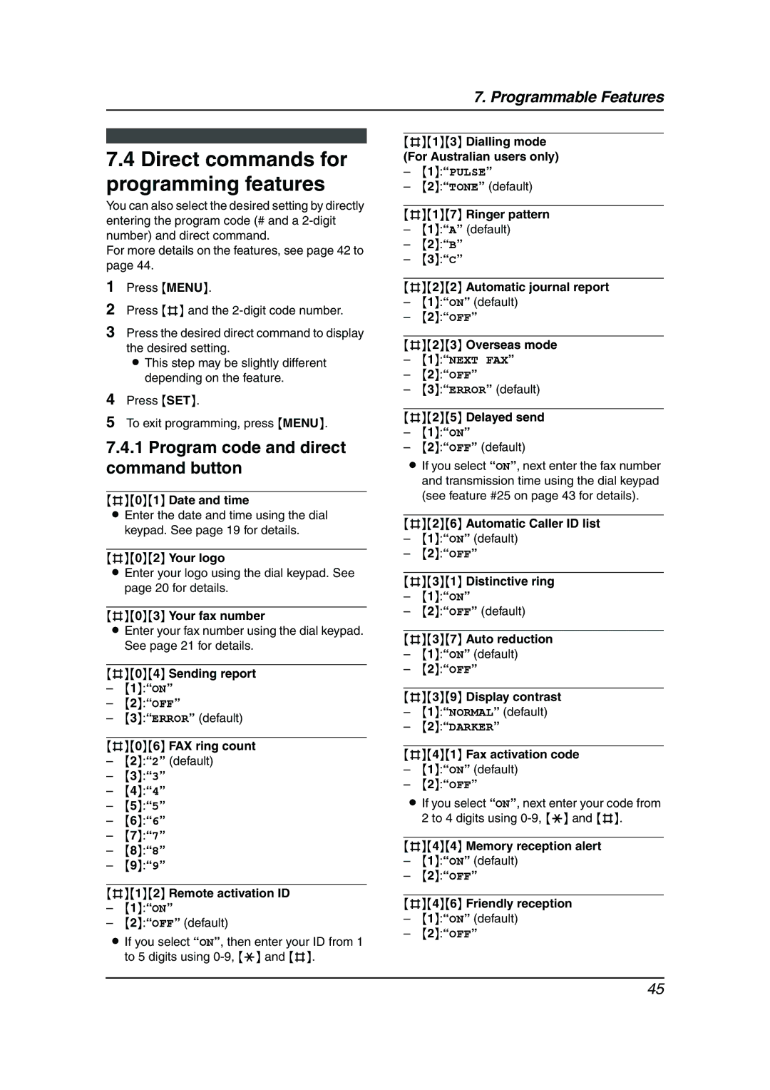 Panasonic KX-FL611AL manual Direct commands for programming features, Program code and direct command button 