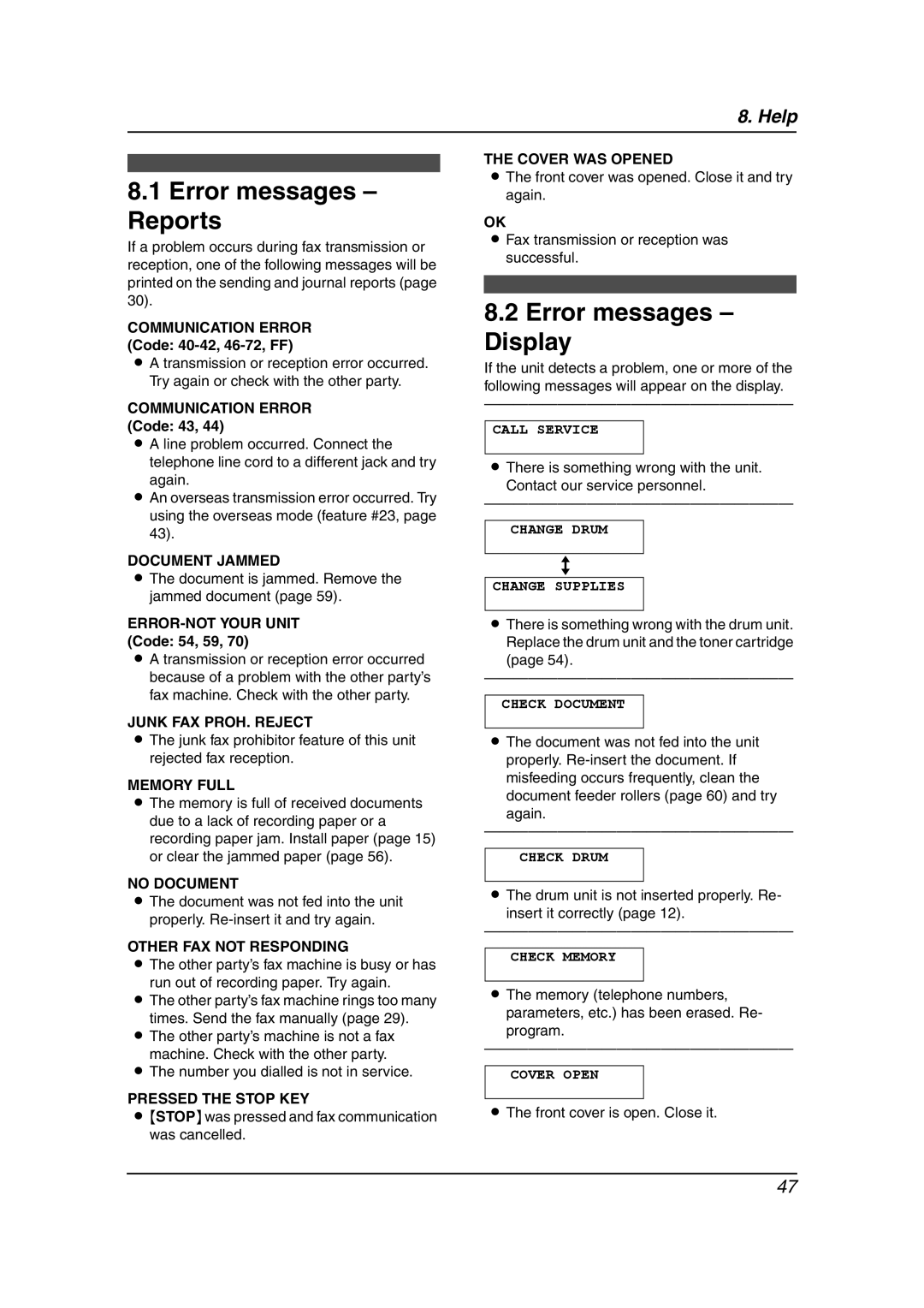 Panasonic KX-FL611AL manual Error messages Reports, Error messages Display, Communication Error Code 40-42, 46-72, FF 