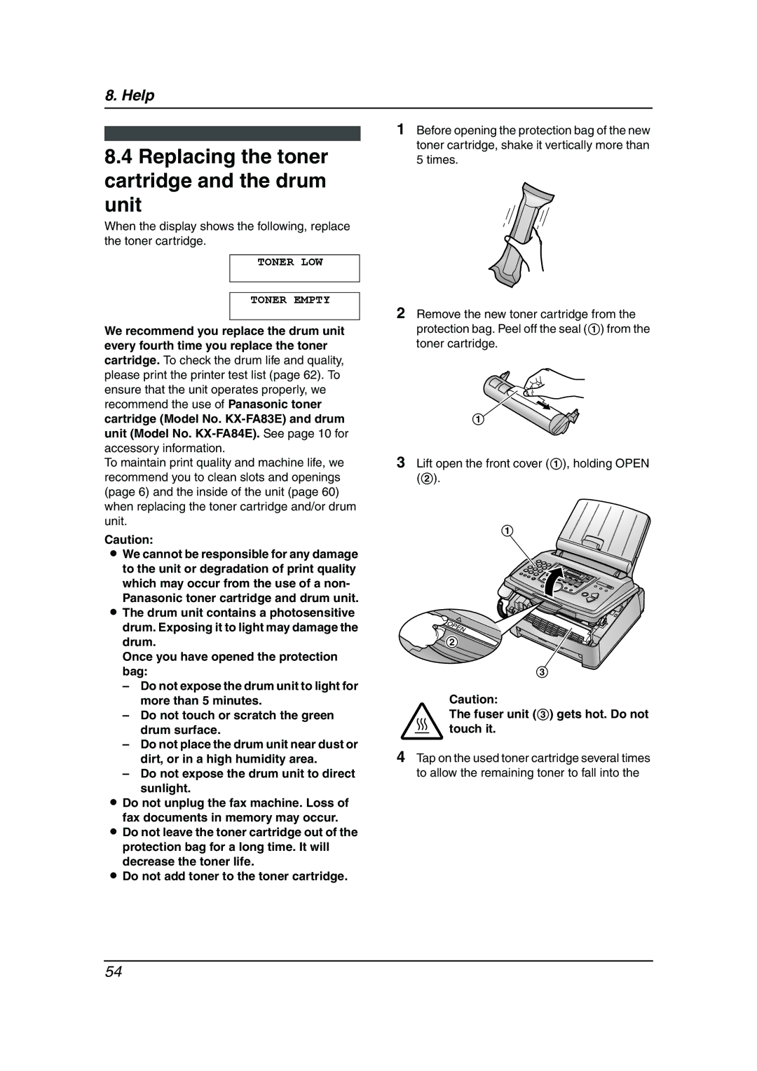 Panasonic KX-FL611AL manual Replacing the toner cartridge and the drum unit, Toner LOW Toner Empty 