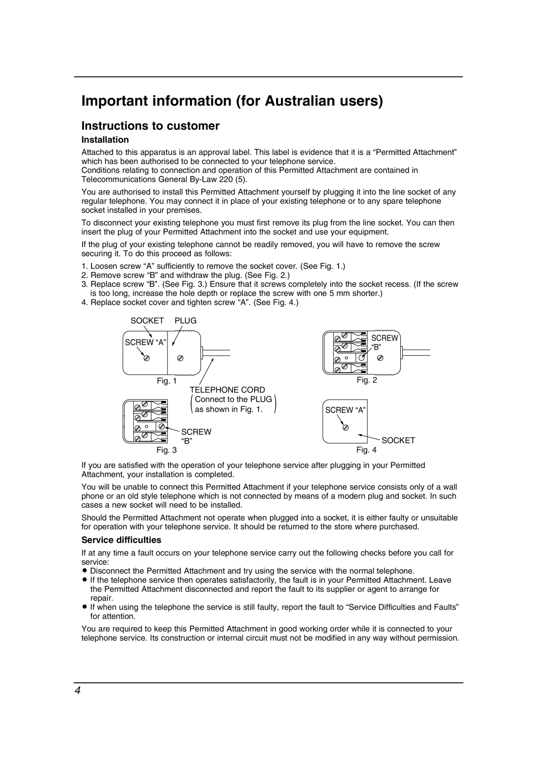 Panasonic KX-FL611AL manual Important information for Australian users, Instructions to customer, Installation 