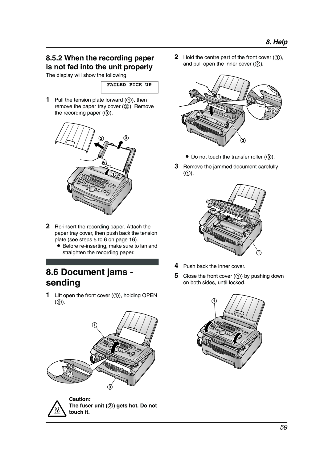 Panasonic KX-FL611AL manual Document jams sending, When the recording paper is not fed into the unit properly 