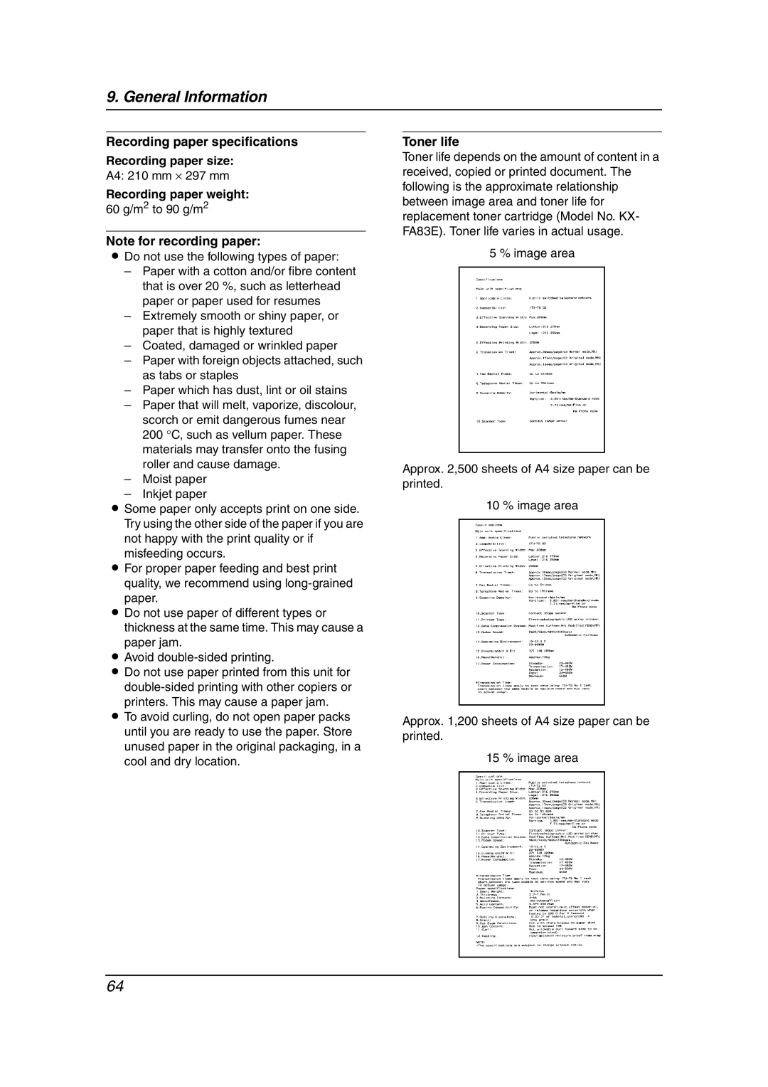 Panasonic KX-FL611AL manual Recording paper specifications Recording paper size, Recording paper weight, Toner life 