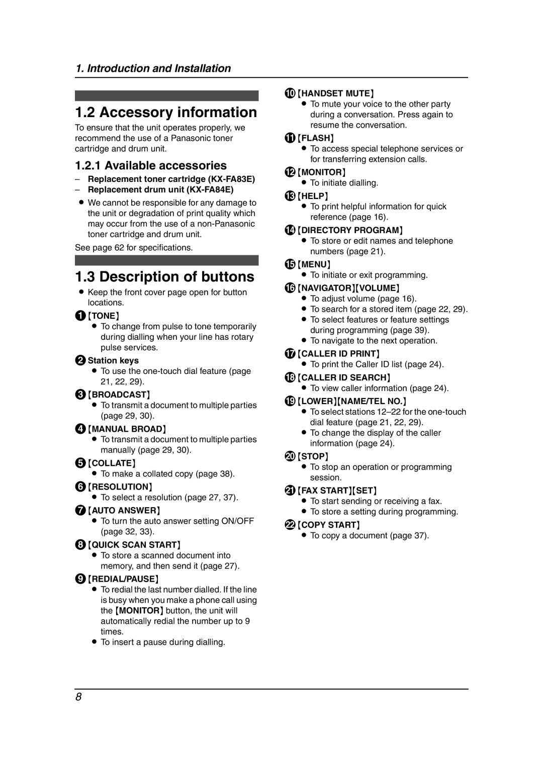 Panasonic KX-FL613HK Accessory information, Description of buttons, Available accessories, BStation keys 