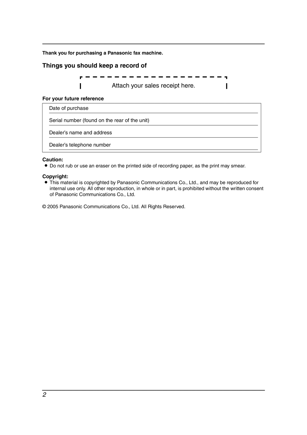 Panasonic KX-FL613HK Thank you for purchasing a Panasonic fax machine, For your future reference, Copyright 