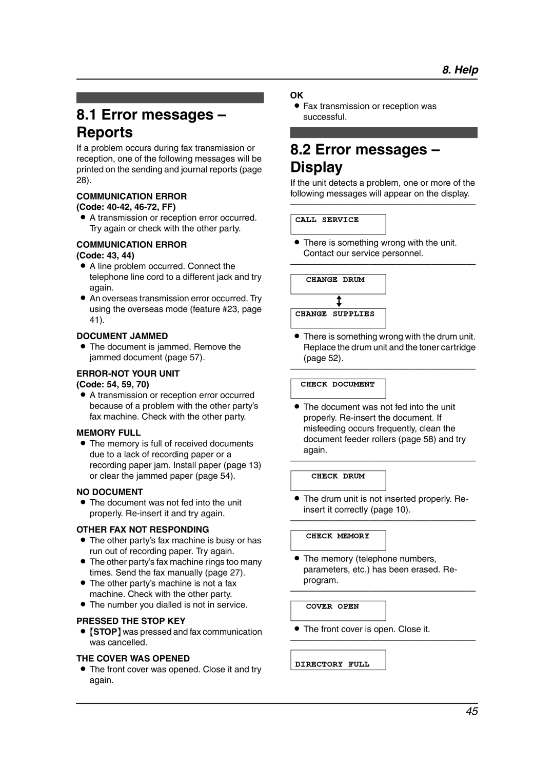 Panasonic KX-FL613HK Error messages Reports, Error messages Display, Communication Error Code 40-42, 46-72, FF 