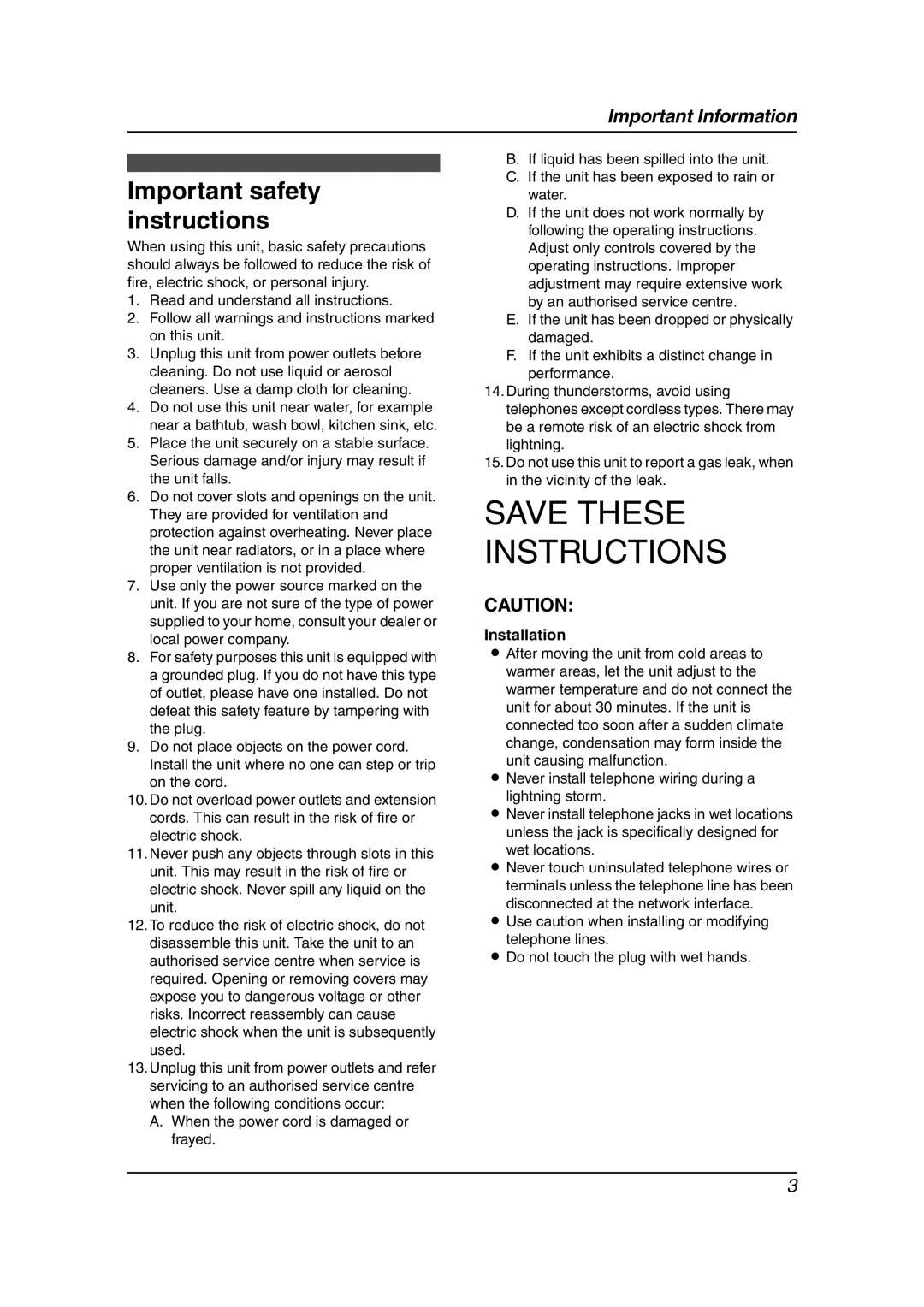 Panasonic KX-FL613HK operating instructions Important safety instructions, Installation 