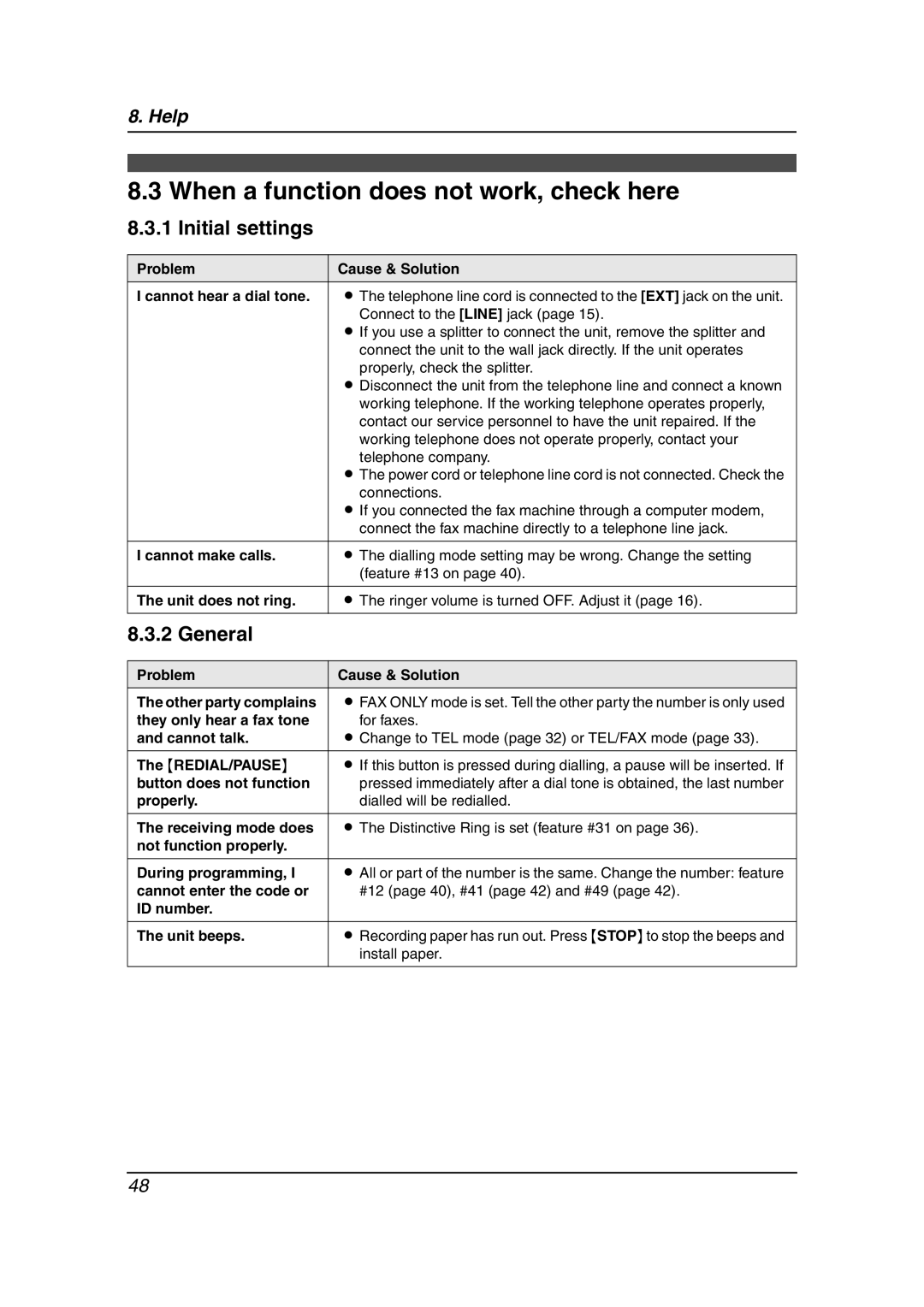 Panasonic KX-FL613HK operating instructions When a function does not work, check here, Initial settings, General 