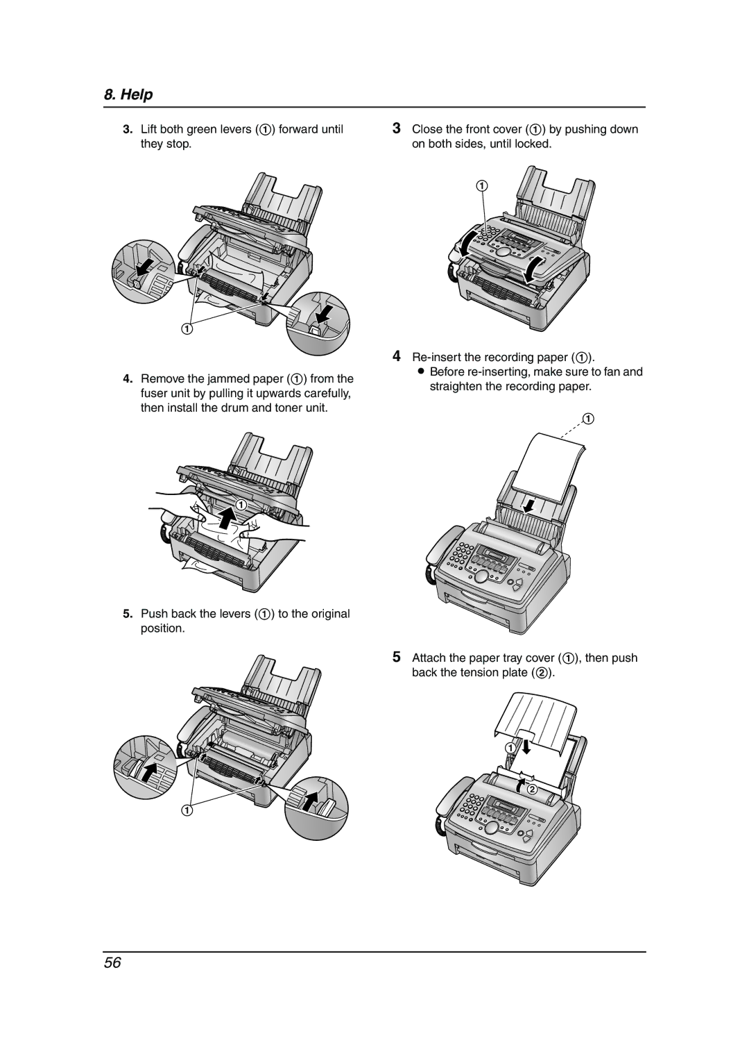 Panasonic KX-FL613HK operating instructions Lift both green levers 1 forward until they stop 