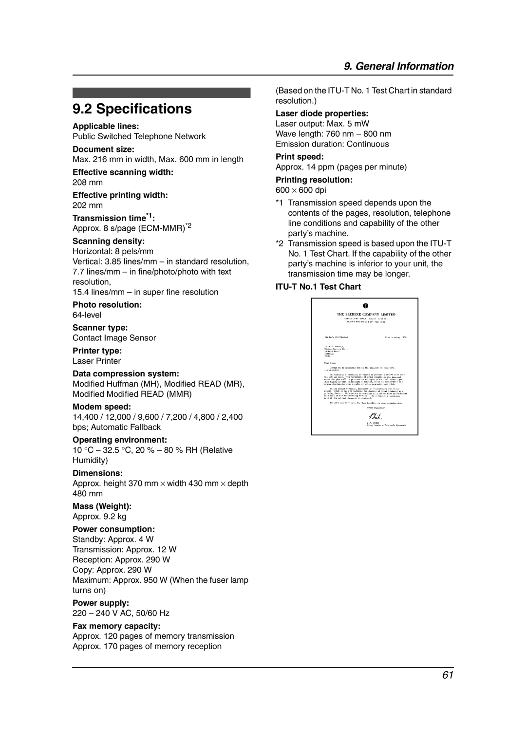 Panasonic KX-FL613HK operating instructions Specifications 