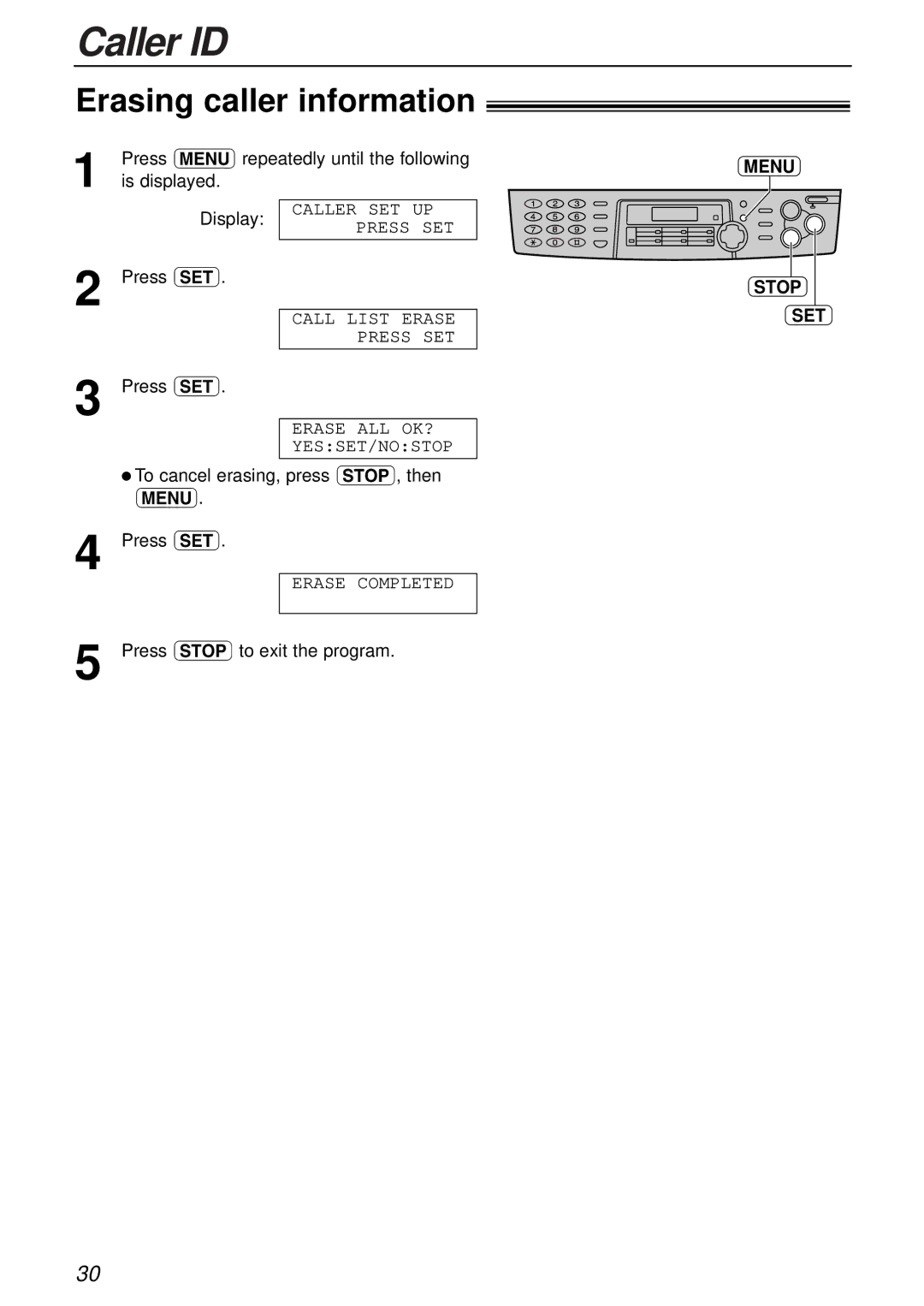 Panasonic KX-FLB751AL operating instructions Erasing caller information, Stop SET 