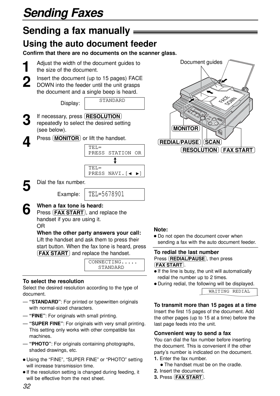 Panasonic KX-FLB751AL operating instructions Sending Faxes, Sending a fax manually, Using the auto document feeder 