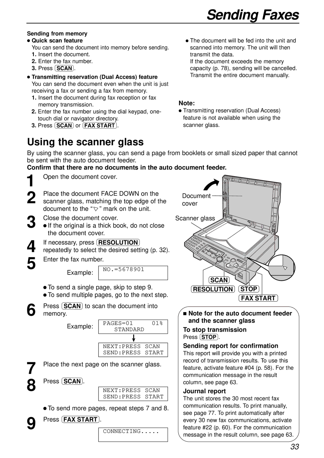 Panasonic KX-FLB751AL Using the scanner glass, Scan Resolution Stop FAX Start, To stop transmission, Journal report 