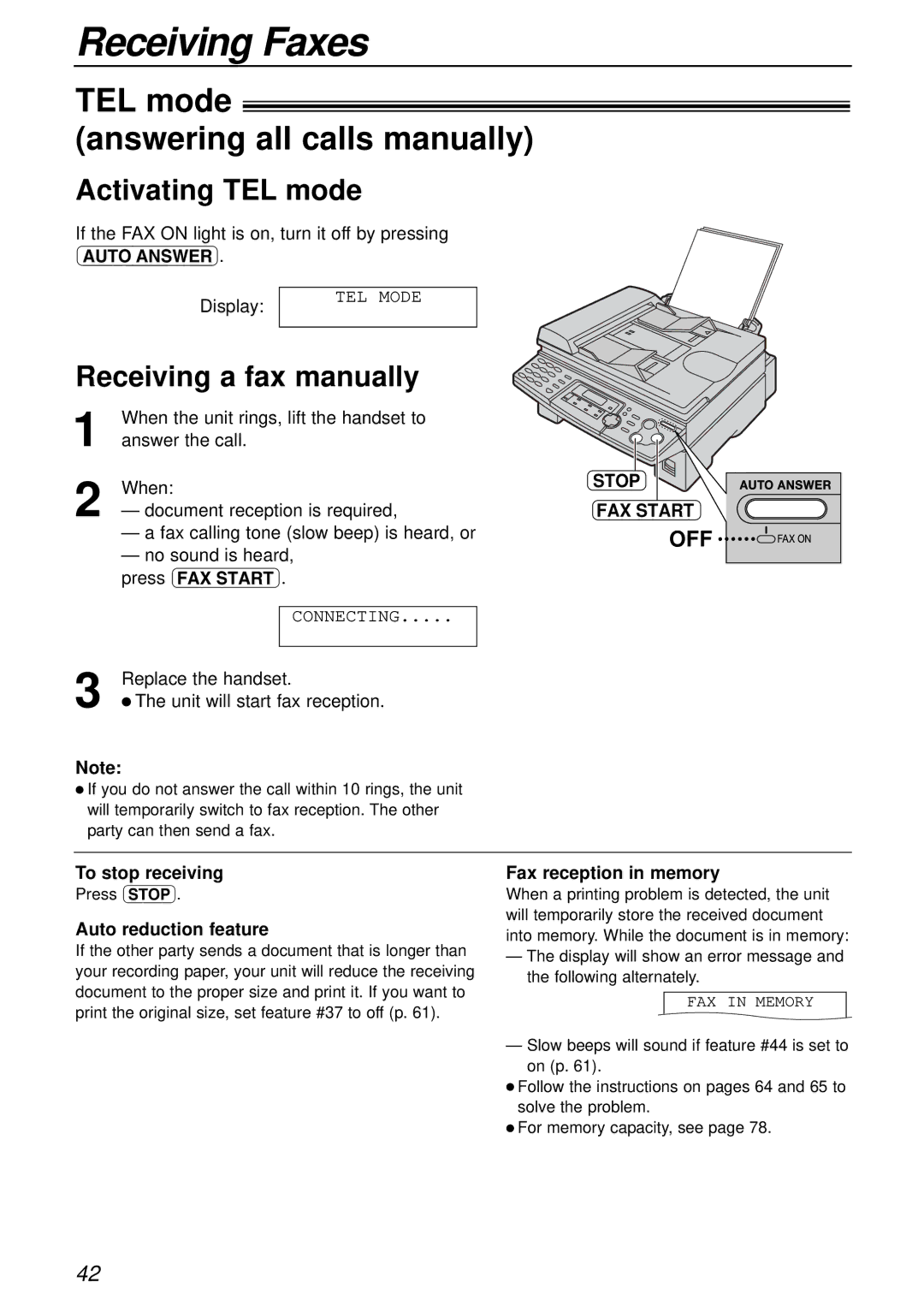 Panasonic KX-FLB751AL TEL mode Answering all calls manually, Activating TEL mode, Receiving a fax manually 