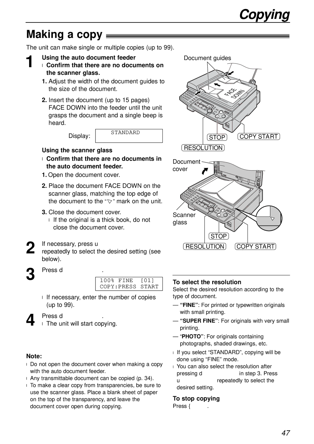 Panasonic KX-FLB751AL Copying, Making a copy, Stop Copy Start Resolution, Stop Resolution Copy Start, To stop copying 