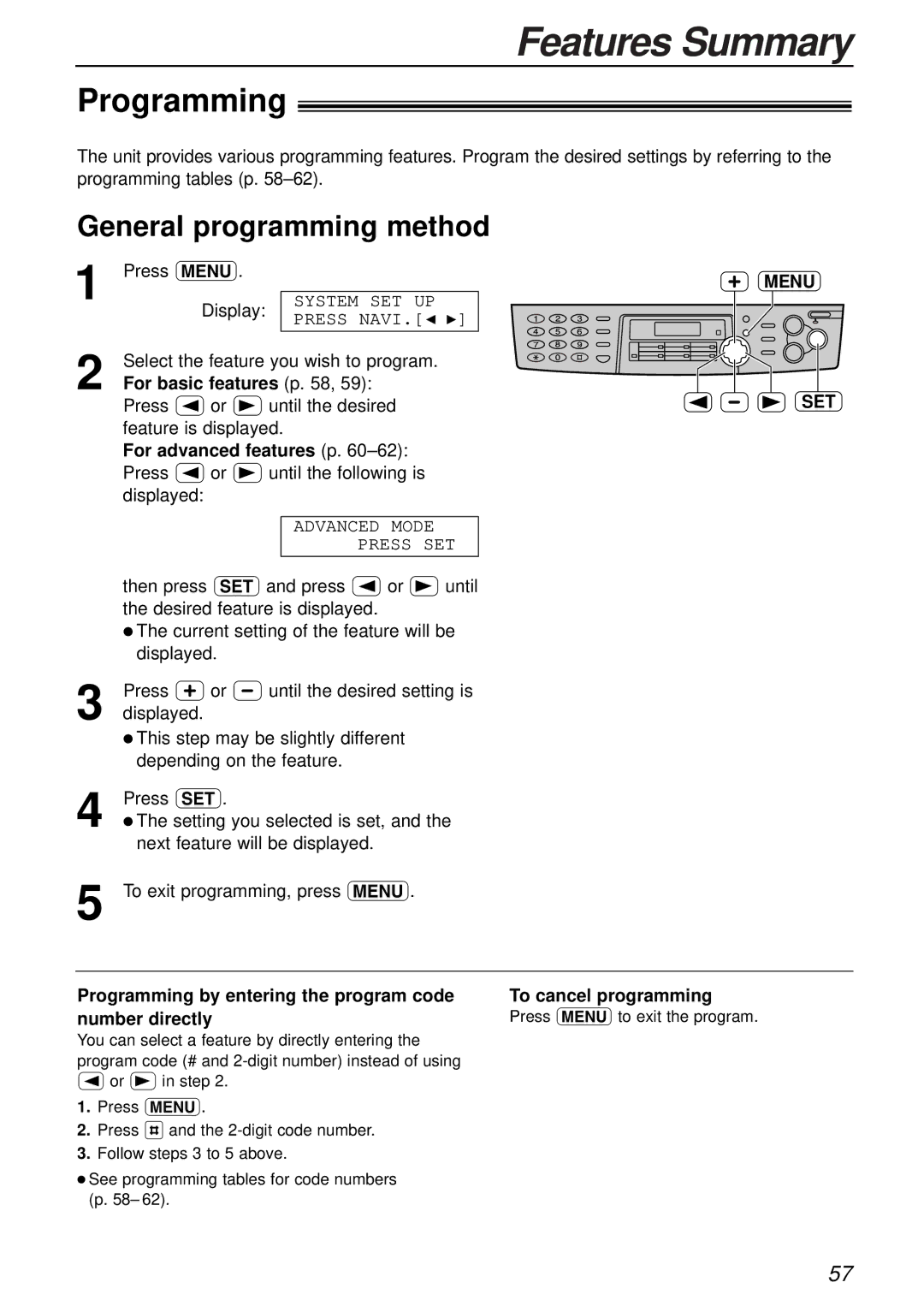 Panasonic KX-FLB751AL operating instructions Features Summary, Programming, General programming method 