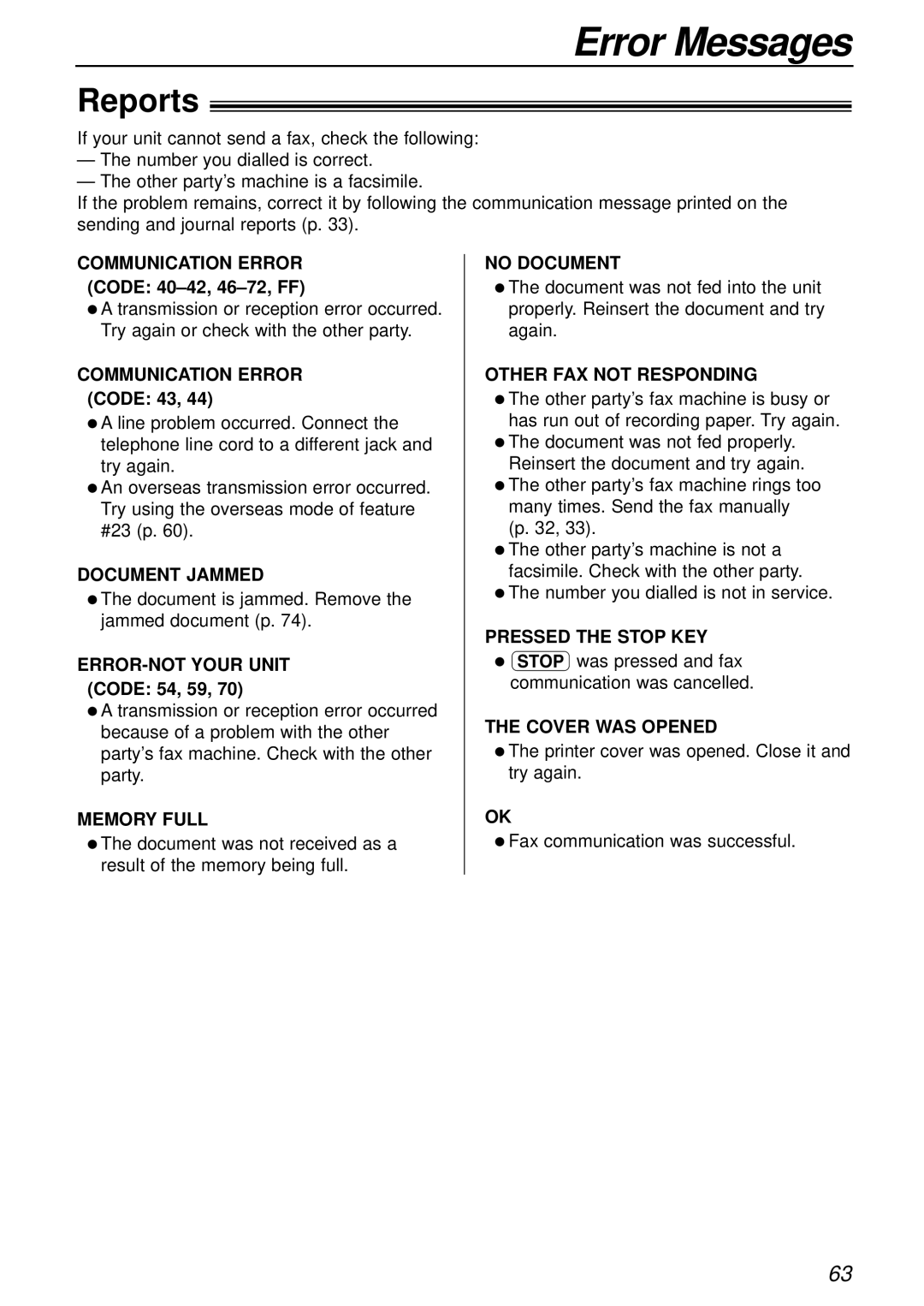 Panasonic KX-FLB751AL operating instructions Error Messages, Reports 