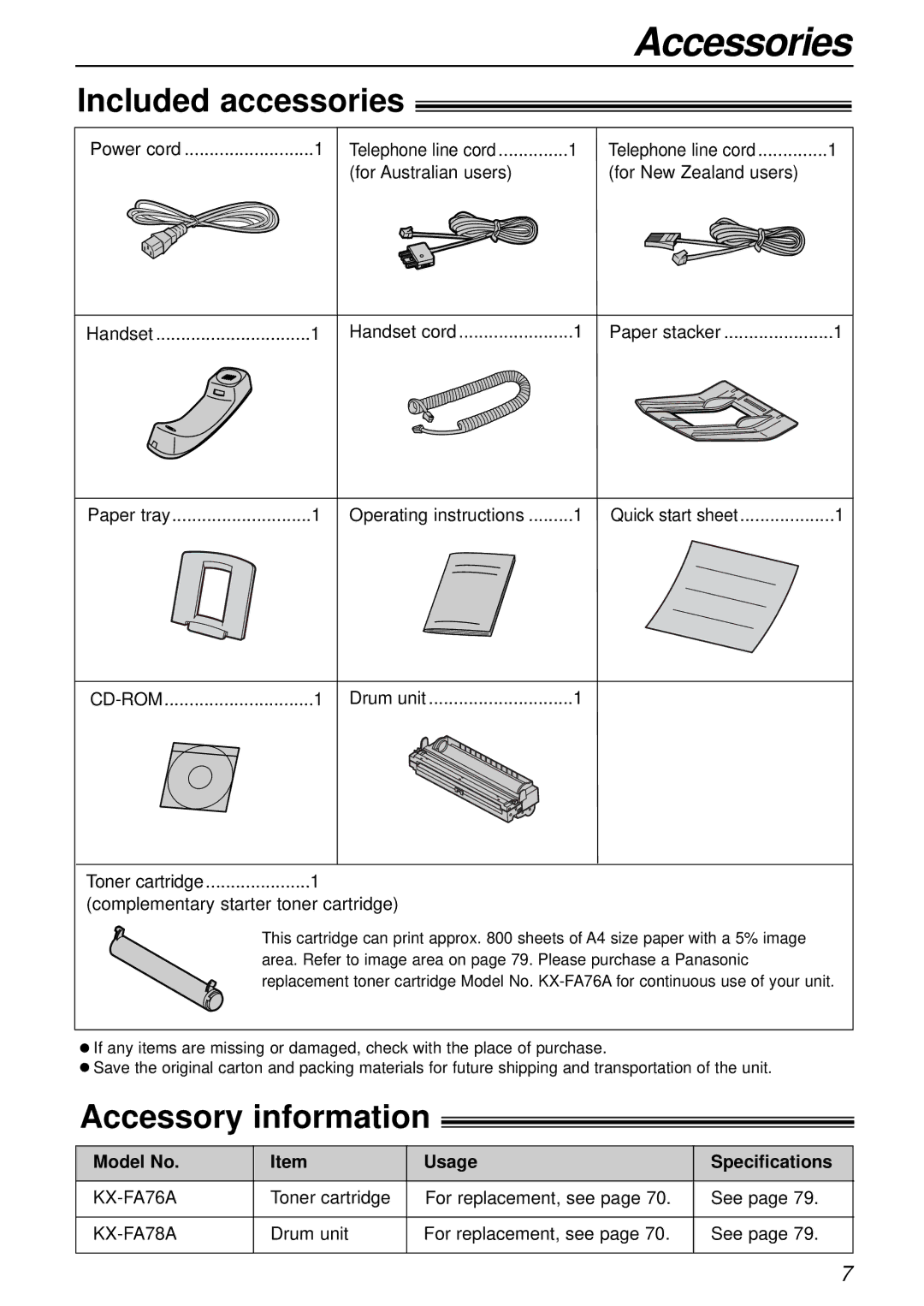 Panasonic KX-FLB751AL Accessories, Included accessories, Accessory information, Model No Usage Specifications 