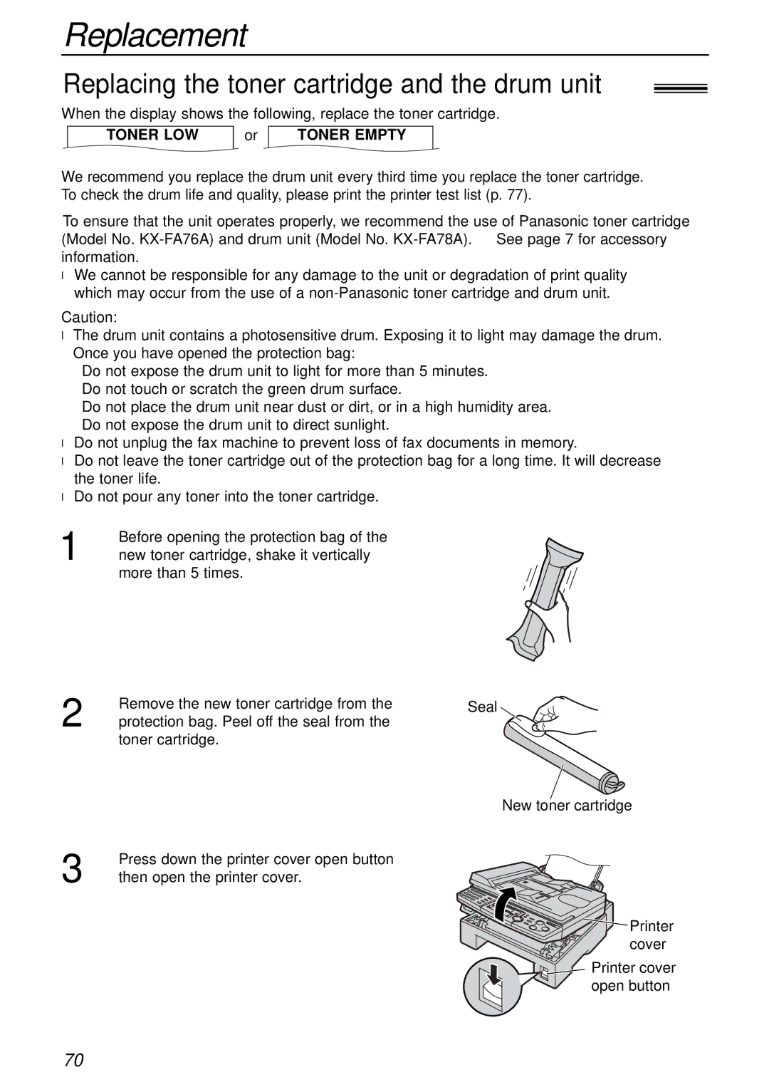 Panasonic KX-FLB751AL operating instructions Replacement, Replacing the toner cartridge and the drum unit 