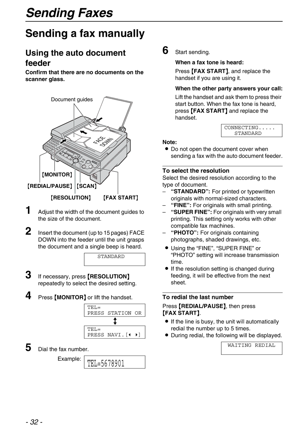 Panasonic KX-FLB753HK Sending Faxes, Sending a fax manually, Using the auto document feeder, FAX Start 