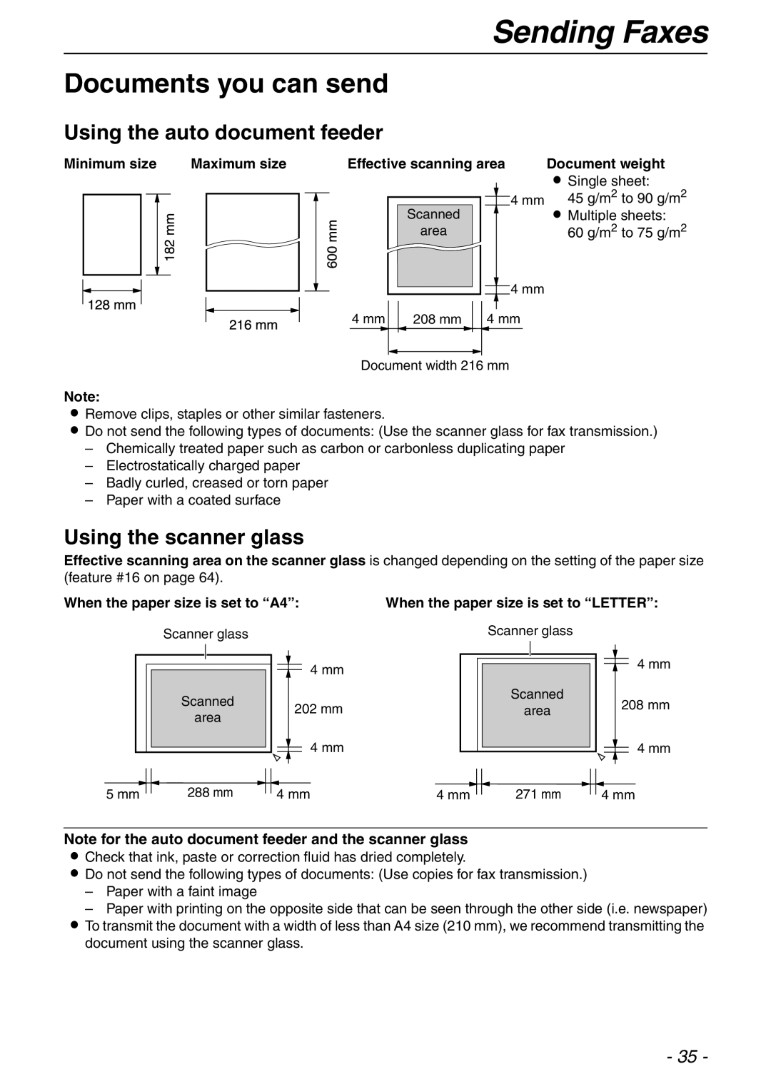 Panasonic KX-FLB753HK manual Documents you can send, Minimum size Maximum size Effective scanning area 