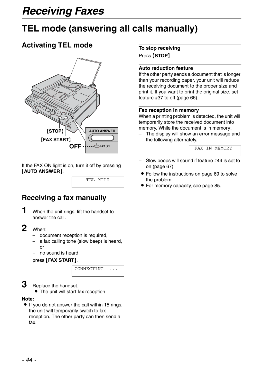 Panasonic KX-FLB753HK TEL mode answering all calls manually, Activating TEL mode, Receiving a fax manually 