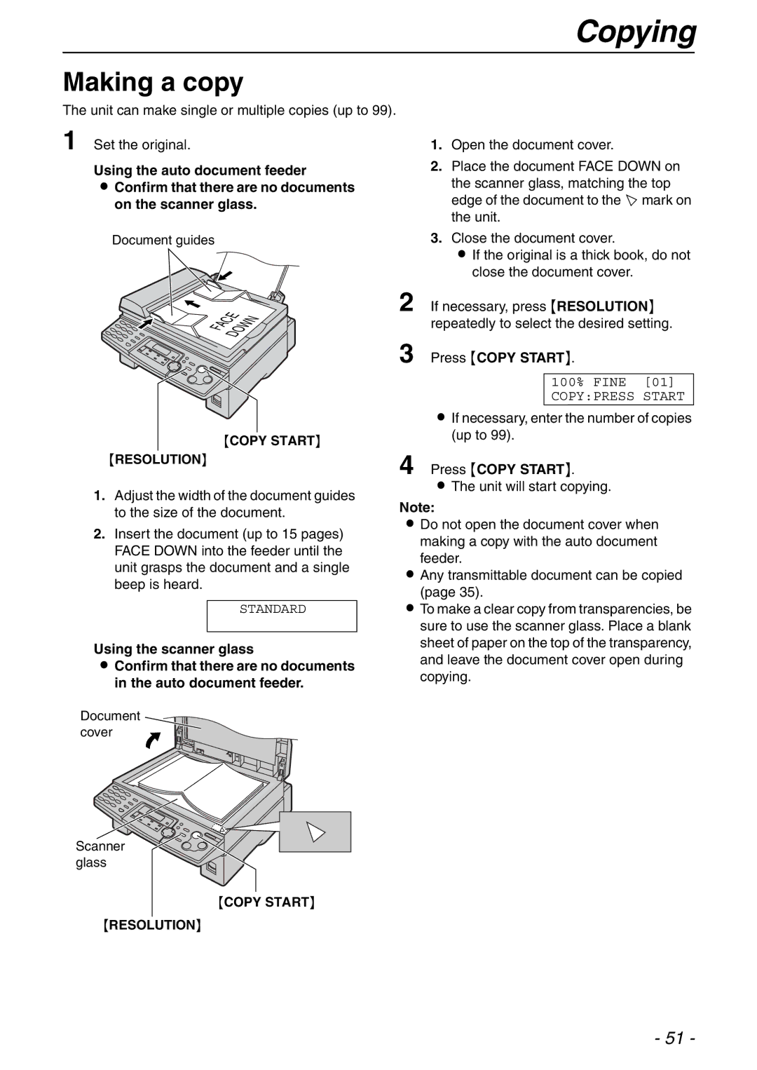 Panasonic KX-FLB753HK manual Copying, Making a copy, Using the scanner glass, Press Copy Start 