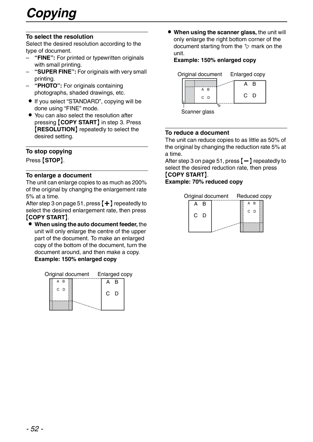 Panasonic KX-FLB753HK manual To stop copying, To enlarge a document, Example 150% enlarged copy, To reduce a document 