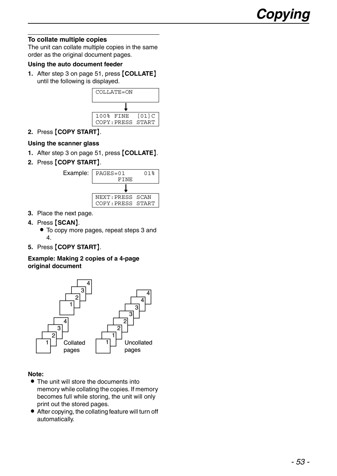 Panasonic KX-FLB753HK To collate multiple copies, Using the auto document feeder, Press Copy Start Using the scanner glass 