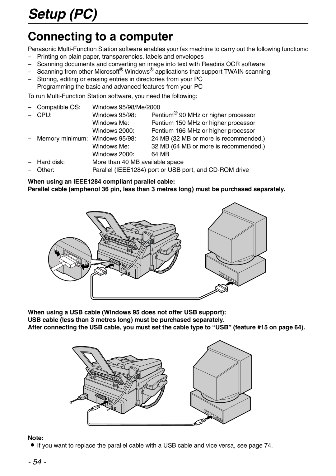 Panasonic KX-FLB753HK manual Setup PC, Connecting to a computer 